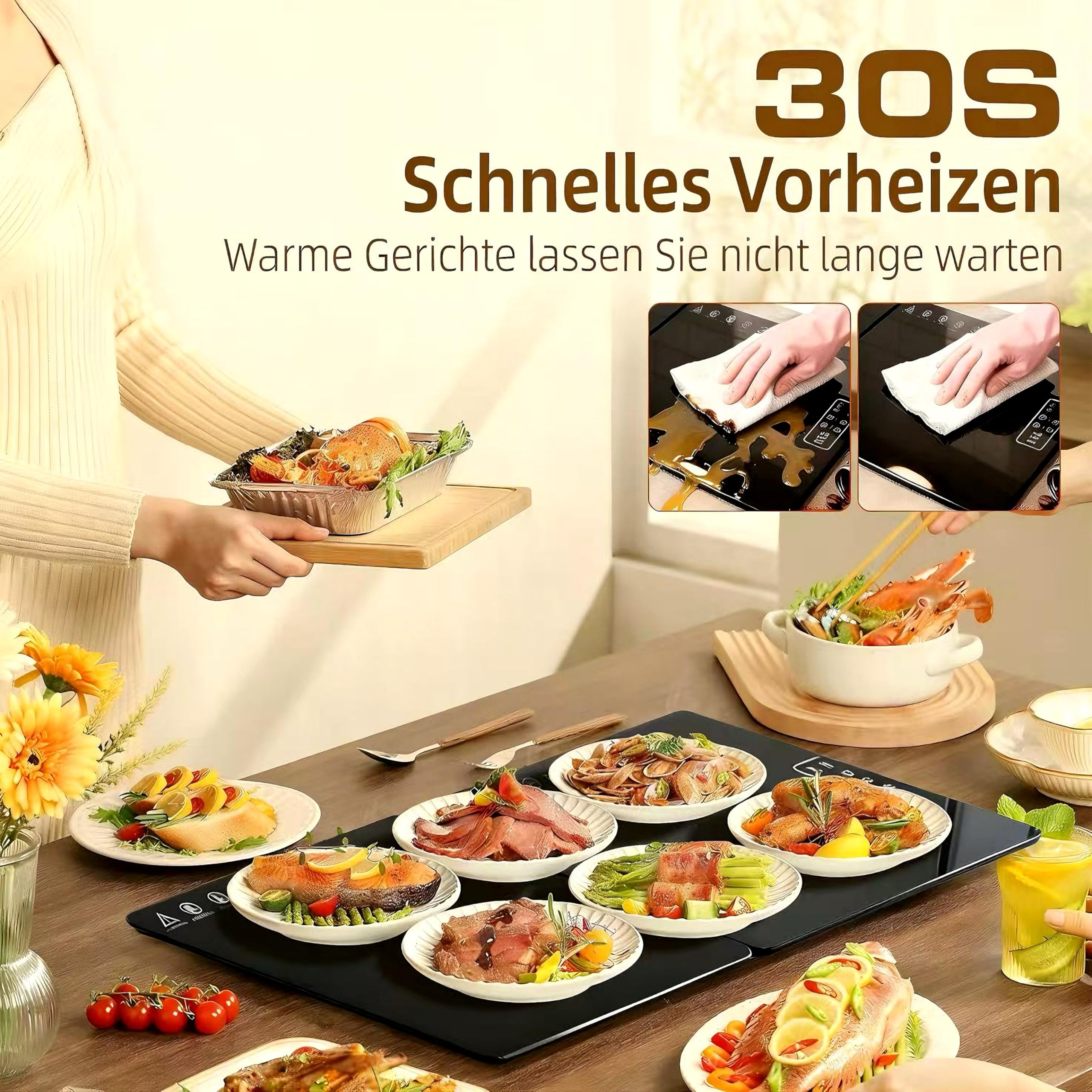 Elektrische Warmhalteplatte 80×30 cm, Speisenwärmer Elektrisch für Speisen mit Temperaturregler und Timer, Doppelzonen-Heizung, Faltbar zum Warmhalten und Auftauen