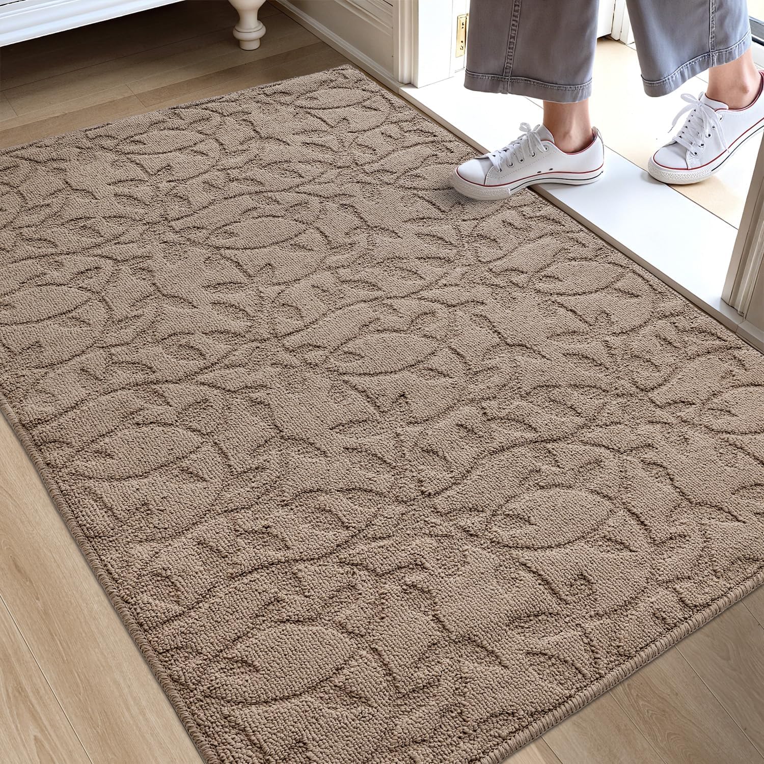DEXI Front Door Mat Inside Entrance 32x48, Non Slip Dirt Trapper Doormat, Low Profile Thin Entry Rug, Absorbent Easy Clean Welcome Mats for Entryway, Patio, Branch Leaf Beige