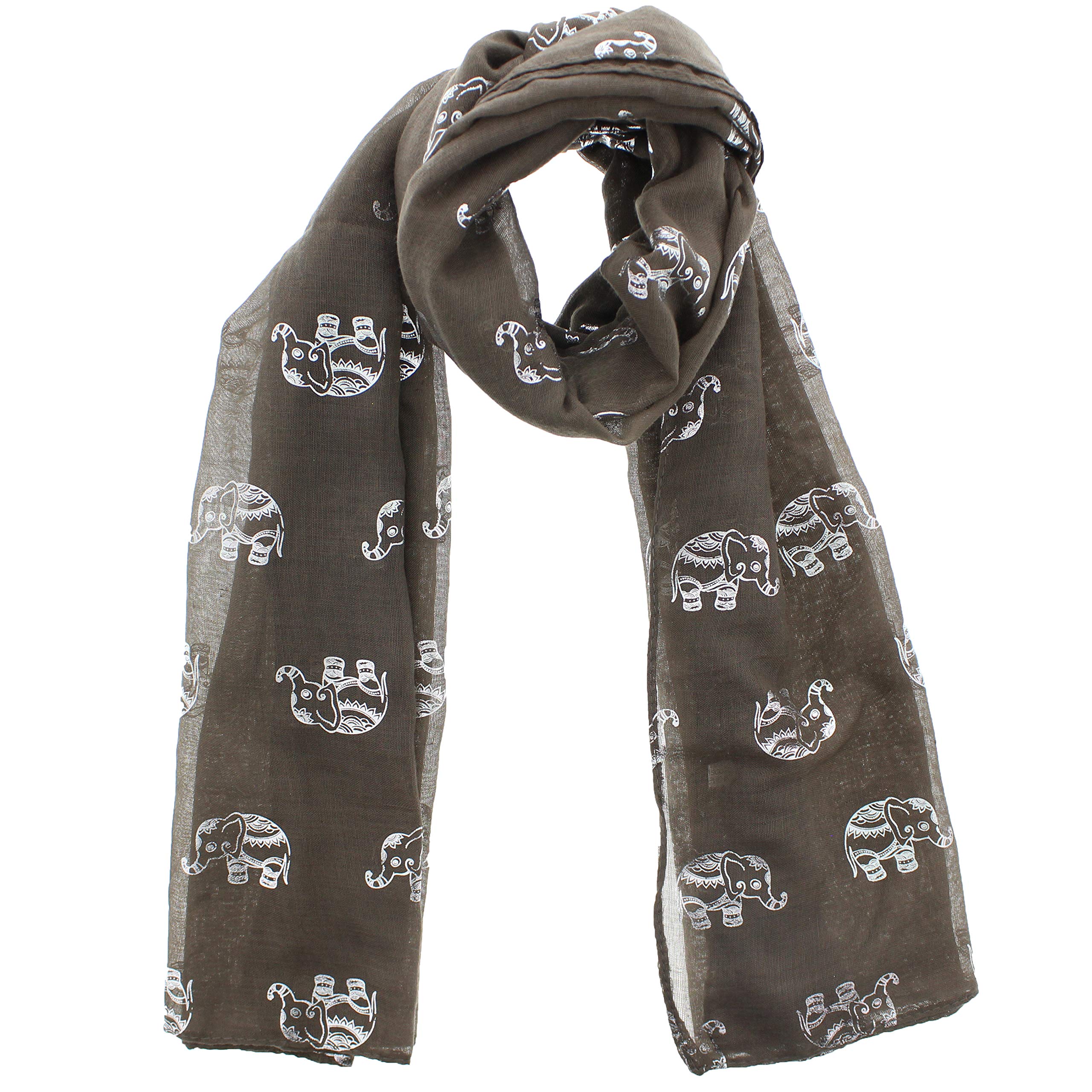 Zac's Alter Ego Women's Taupe Scarf With Silver Foil Metallic Glitter Elephant Print