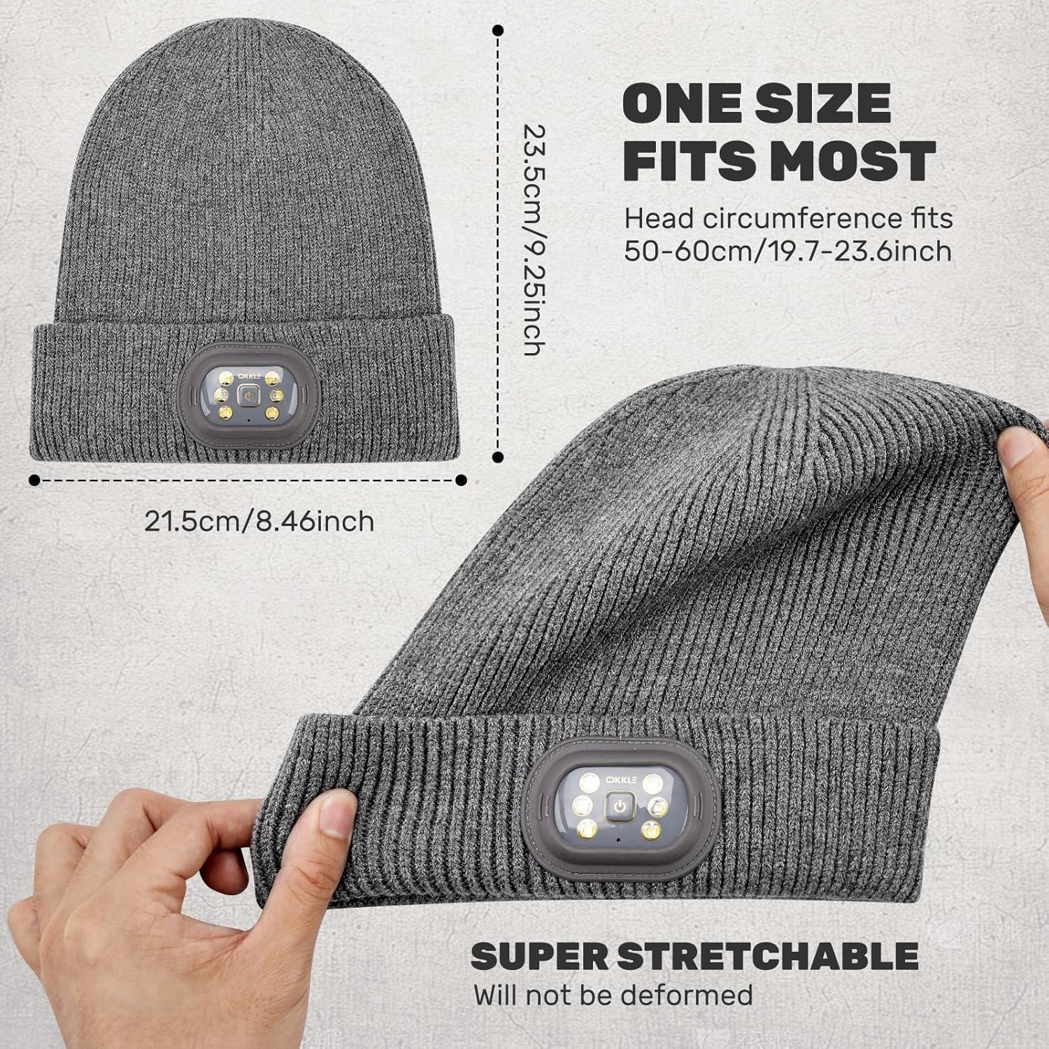 Unisex LED Beanie with Light, USB Rechargeable Headlamp Hat, Winter Gifts for Men Women Husband Him Grey - Image 3