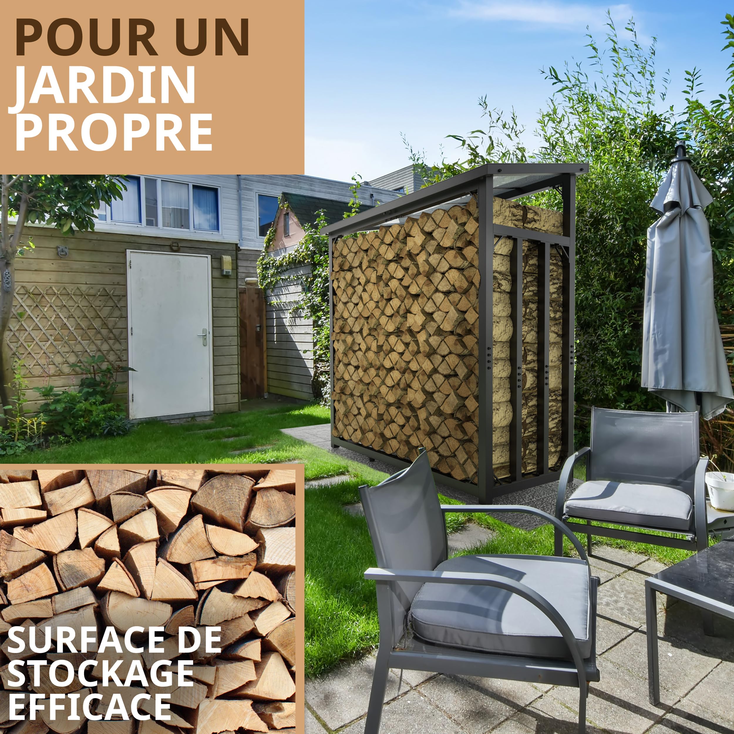 Range bûches extérieur avec Toit 188 x 70 x 188cm maximale 3t Stockage | 45kg, Métal galvanisé, Stockage de bois, Étagère de cheminée, Porte-bûches de chauffage