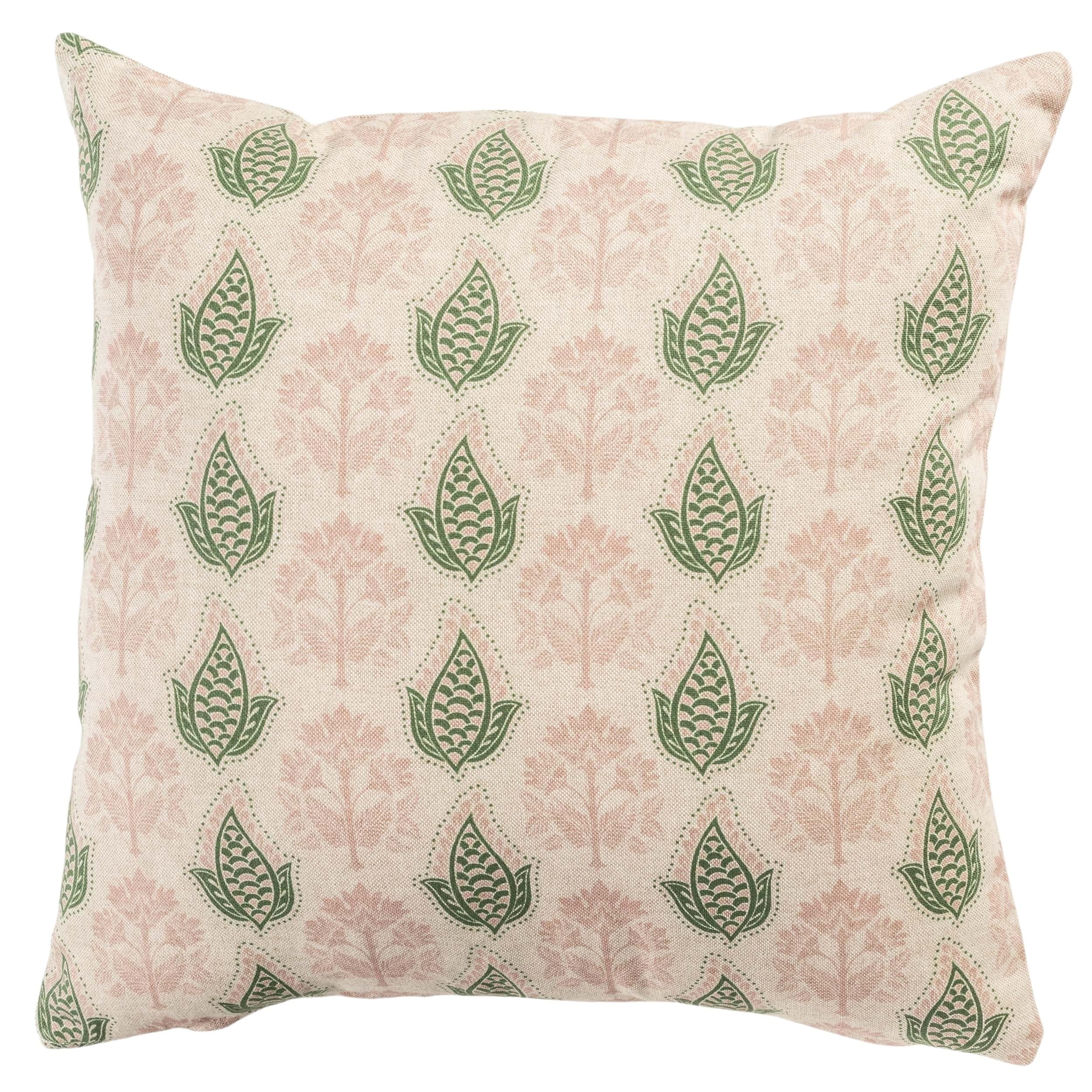 Linen Loft Pink Cotswold Countryside Motif Cushion Cover. Cottagecore Green And Floral & Leaf Geometric Botanical Design. 17X17 Square Cover Only