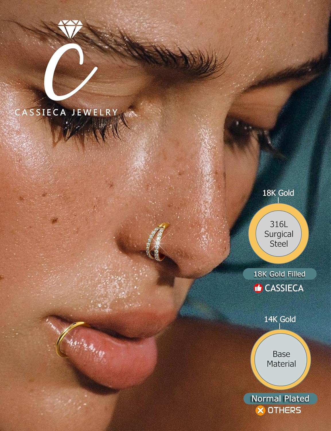 CASSIECA 5Pcs 18G 16G Surgical Steel Nose Rings Hoop for Women CZ Clicker Hinged Septum Ring Lip Helix Cartilage Double Hoop Earring Daith Rook Conch Body Piercing Jewelry for Women 8mm 10mm - Image 2