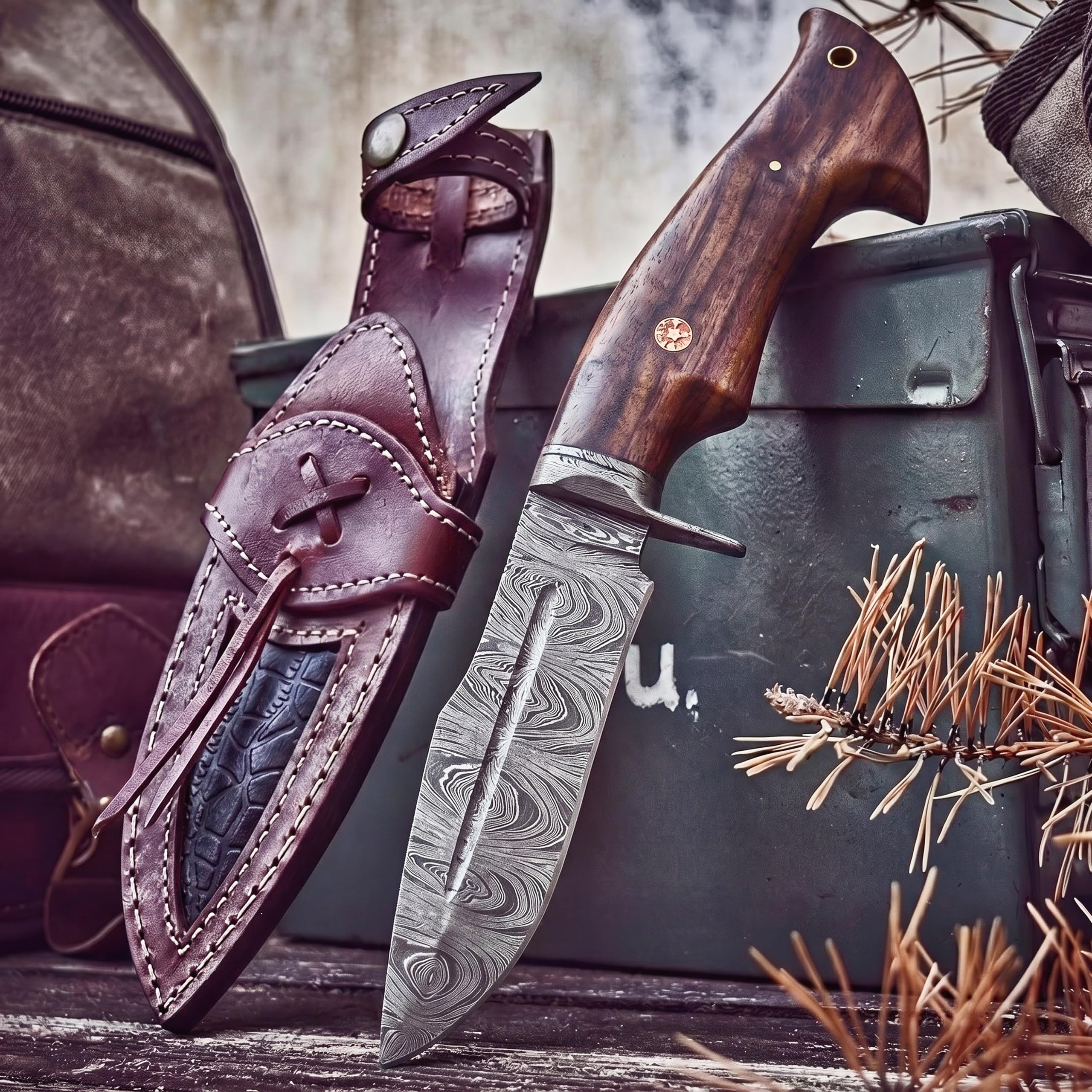 BIGCAT ROAR Beast Hunter - Coltello da Caccia Artigianale in Acciaio Damasco 25 4 cm - Manico in Legno di Noce e Fodero in Cuoio - EDC Bushcraft Campeggio Sopravvivenza - Idea Regalo Uomo Cacciatore