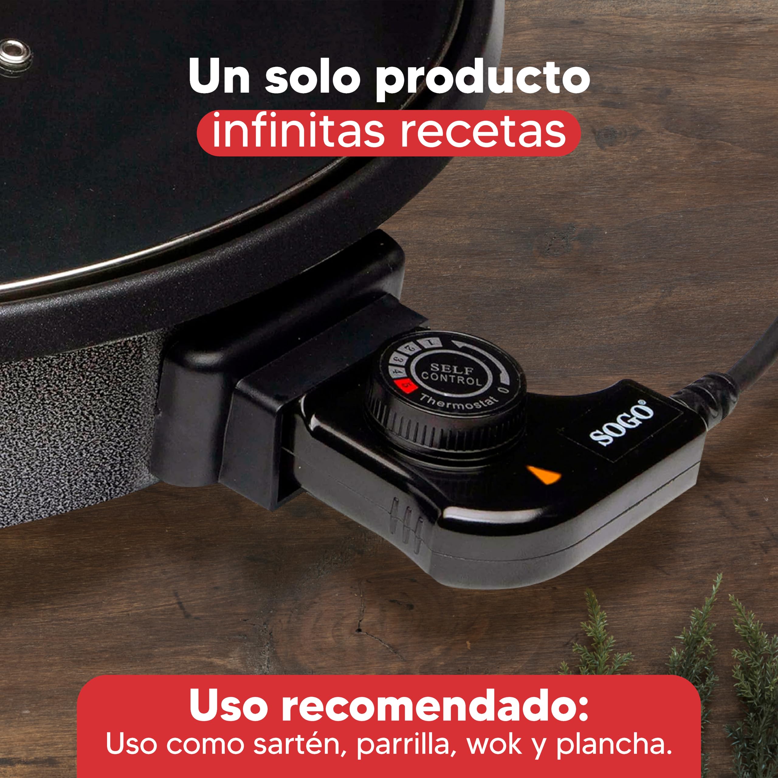 SOGO Padella per paellera elettrica con coperchio in vetro rinforzato e rivestimento antiaderente | Ø interno 42 cm | profondità 4,5 cm | termostato regolabile fino a 240 °C | 1500 W | SENZA PFOA