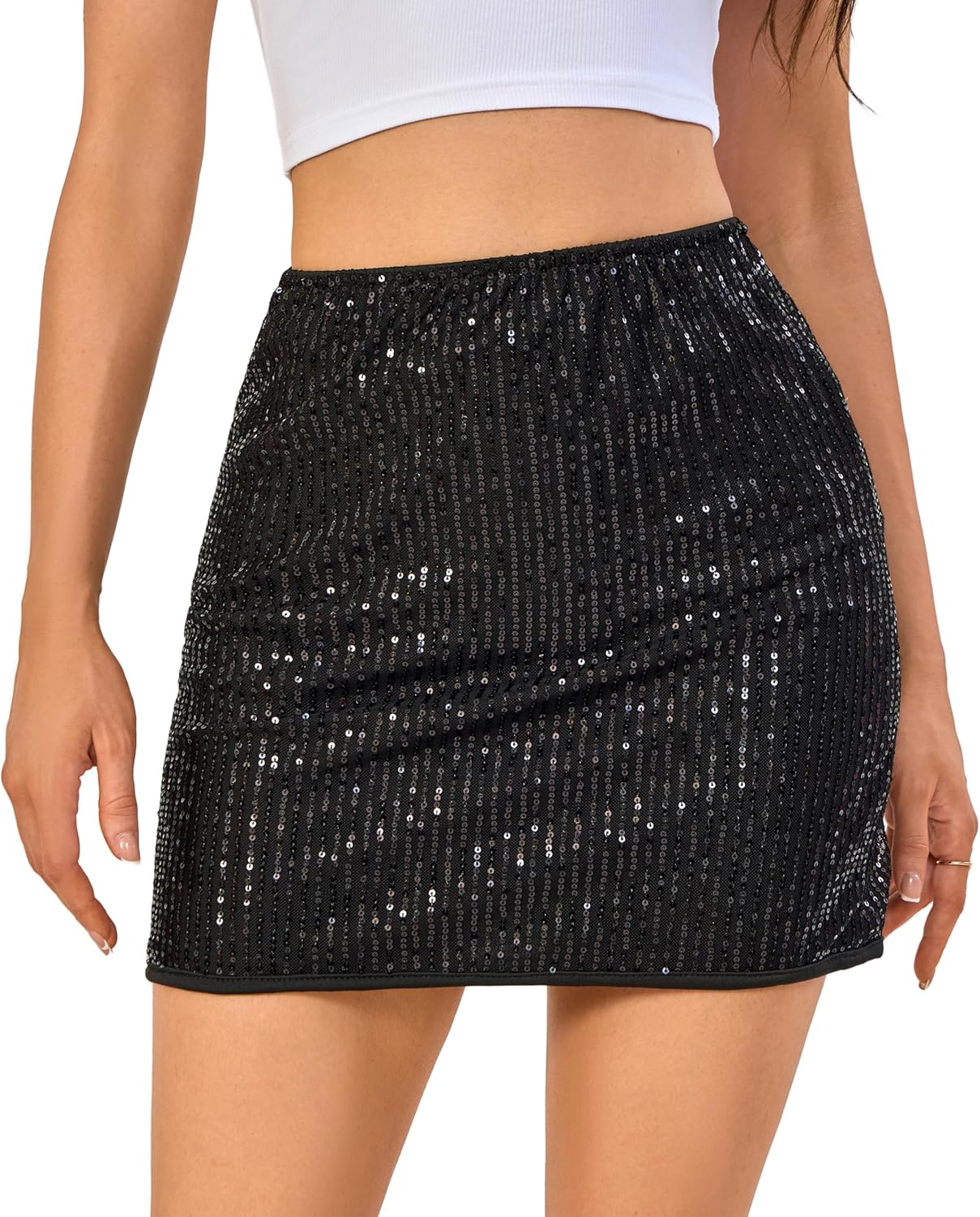Women's Sequin Mini Skirt Sparkle High Waisted Giltter Shiny Stretchy Bodycon Skirts for Night Out Party,Club