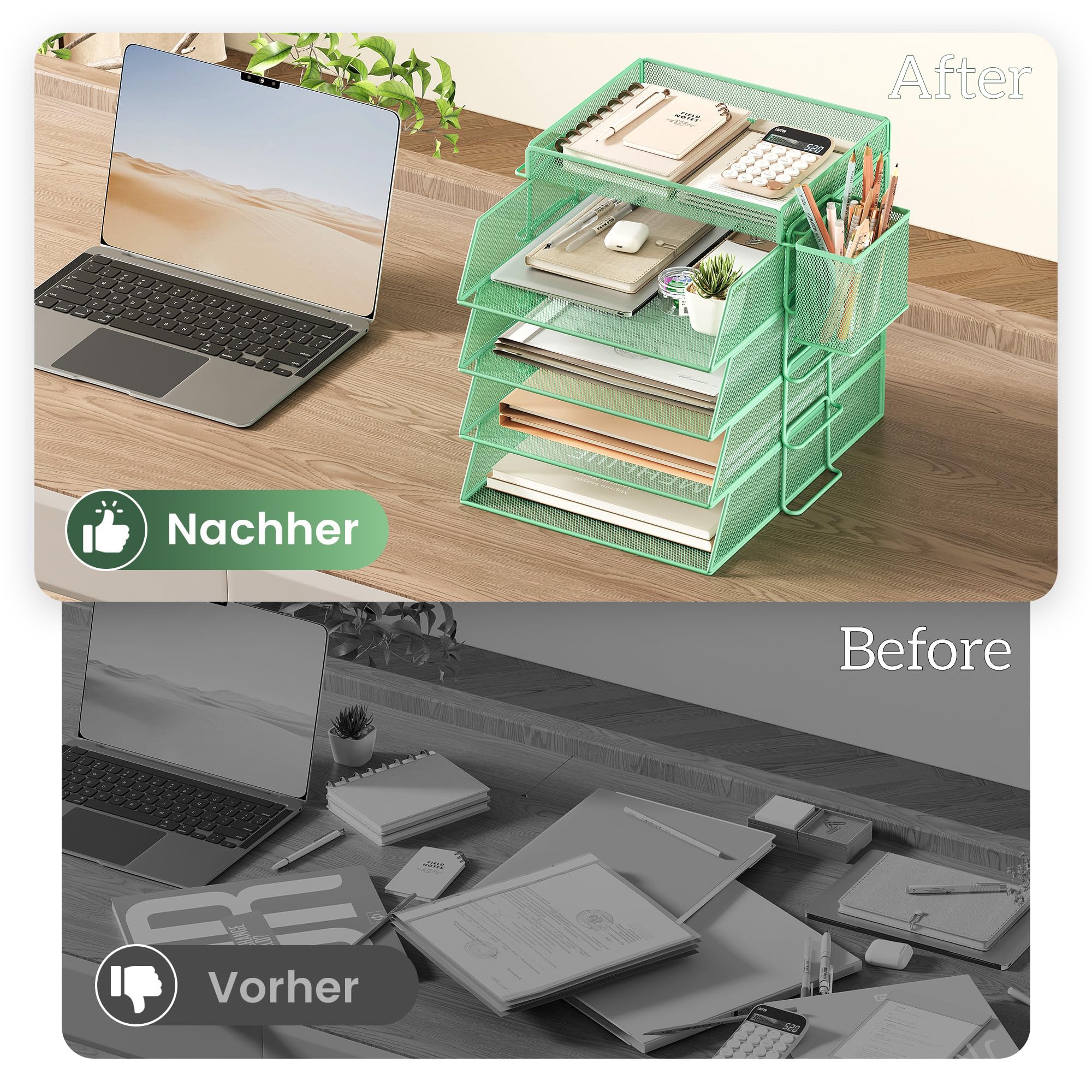 Corbeille à courrier empilable à 4 Niveaux pour Bureau, Organiseur de Bureau, bacs à dossiers pour Accessoires de Bureau, Accessoires pour courrier avec Porte-Stylo - Vert