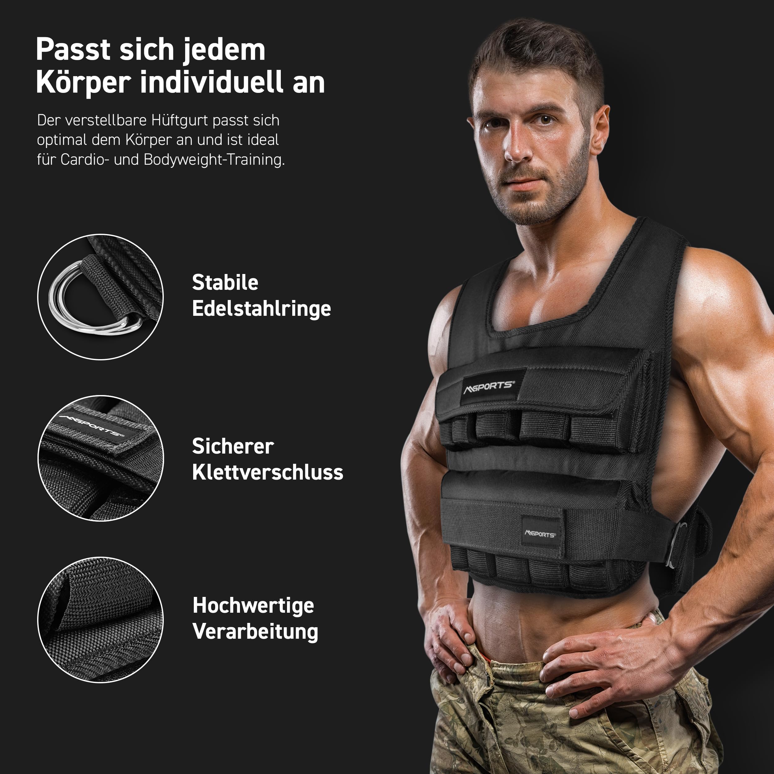 MSPORTS Gewichtsweste Premium Verstellbar von 5 kg - 30 kg Weighted Vest | Laufweste Damen Herren | Fitness Trainingsweste Krafttraining