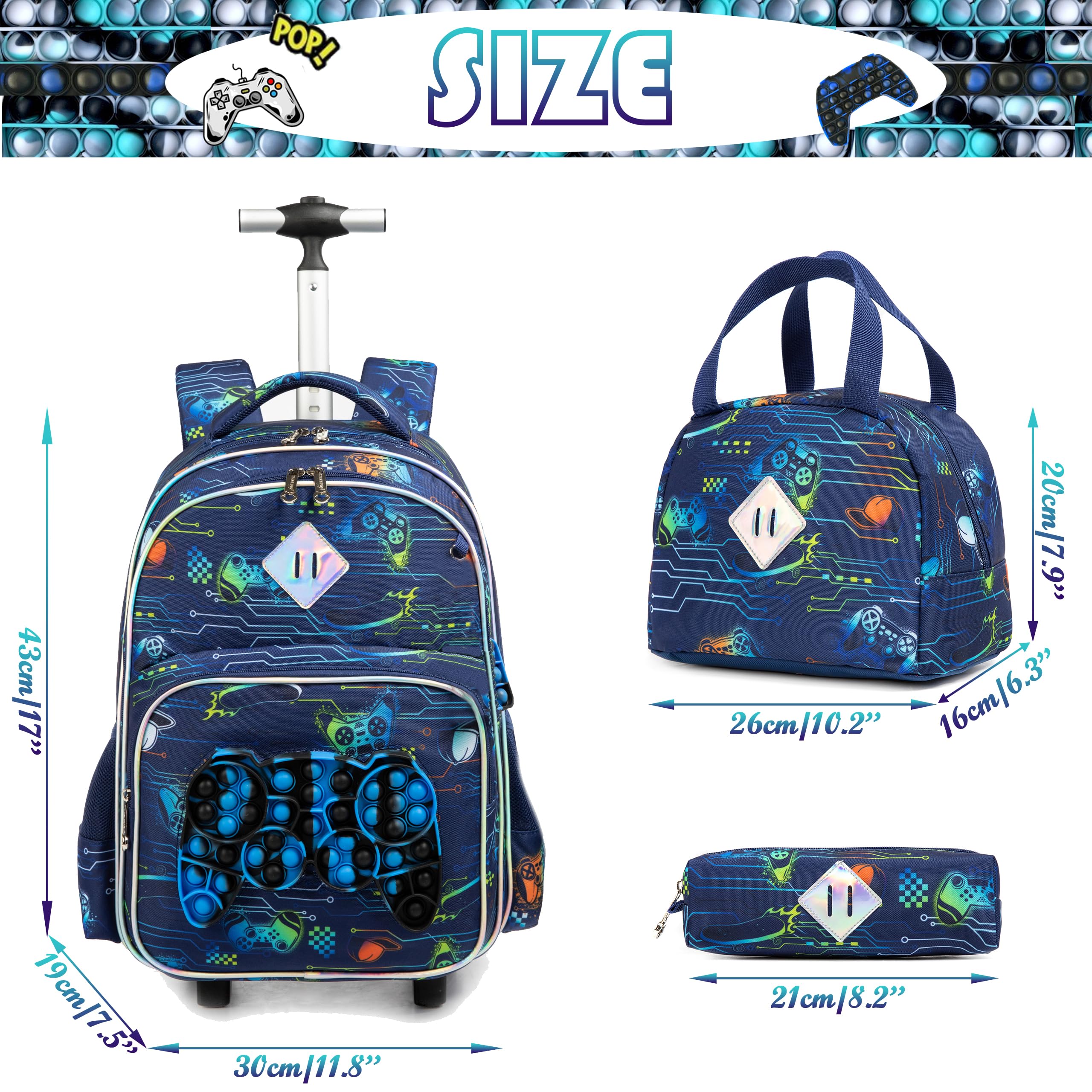 HTgroce Cartable a Roulette Garçons Primaire, 3 in 1 Sac à Roulettes Bagages De Voyage avec Roues Sac À Lunch Et Étui À Crayons.