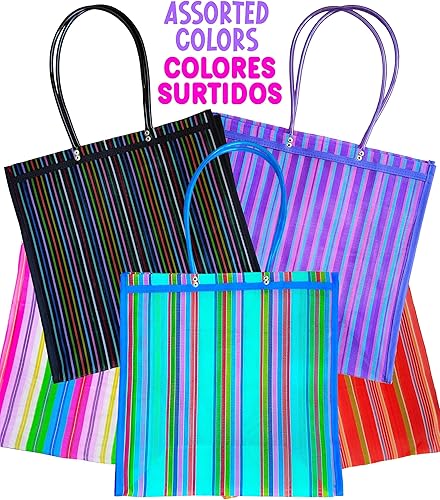 Miniatura 3 de Paquete de 2 bolsas grandes de mercado mexicano con fuelle en varios colores, bolsas de mercadillo reutilizables de malla con parte inferior plana