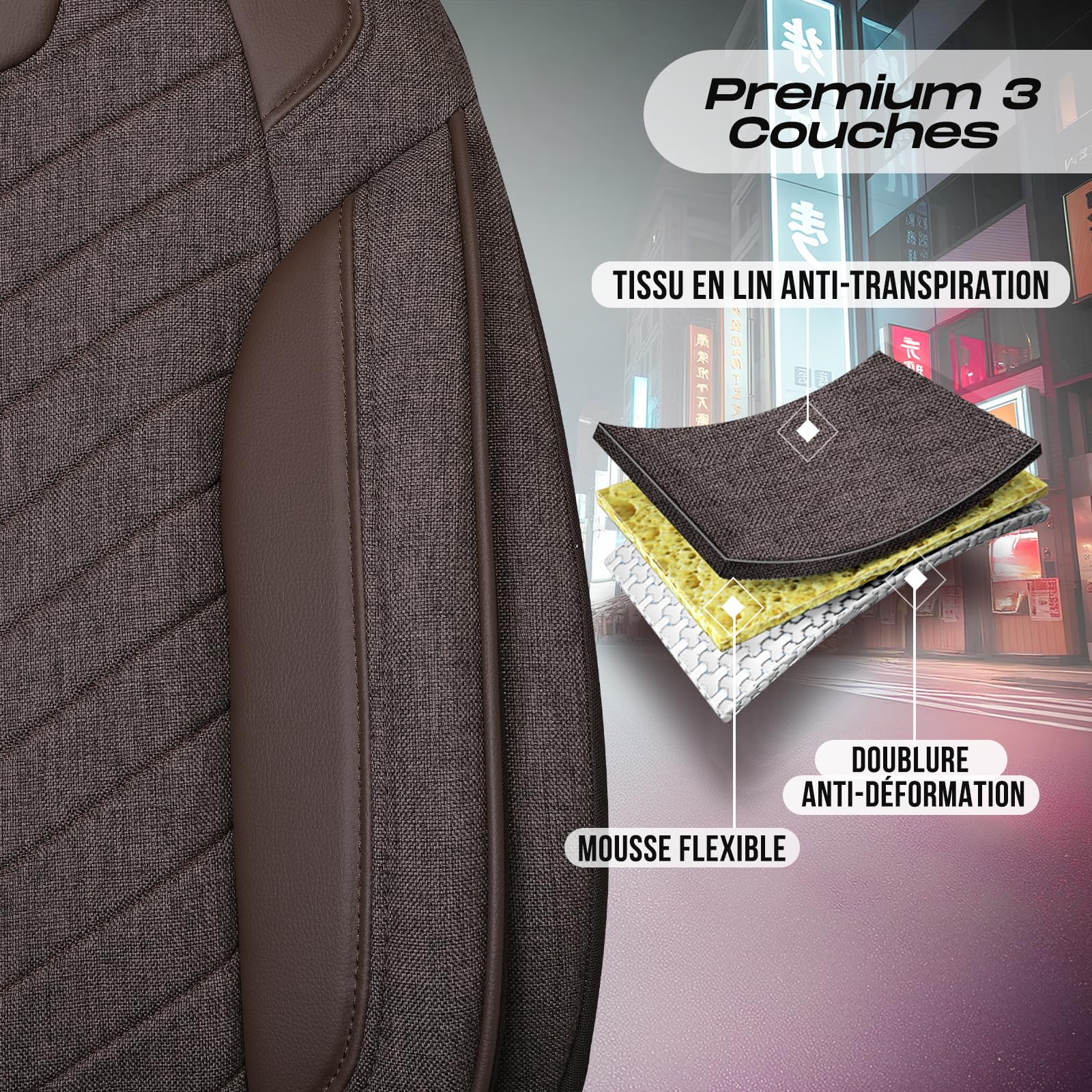 Housses de siège auto universelles pour voitures et SUV – Housse de siège avant premium en lin, marron, coussin compatible airbag, housse de protection de siège auto, ensemble complet