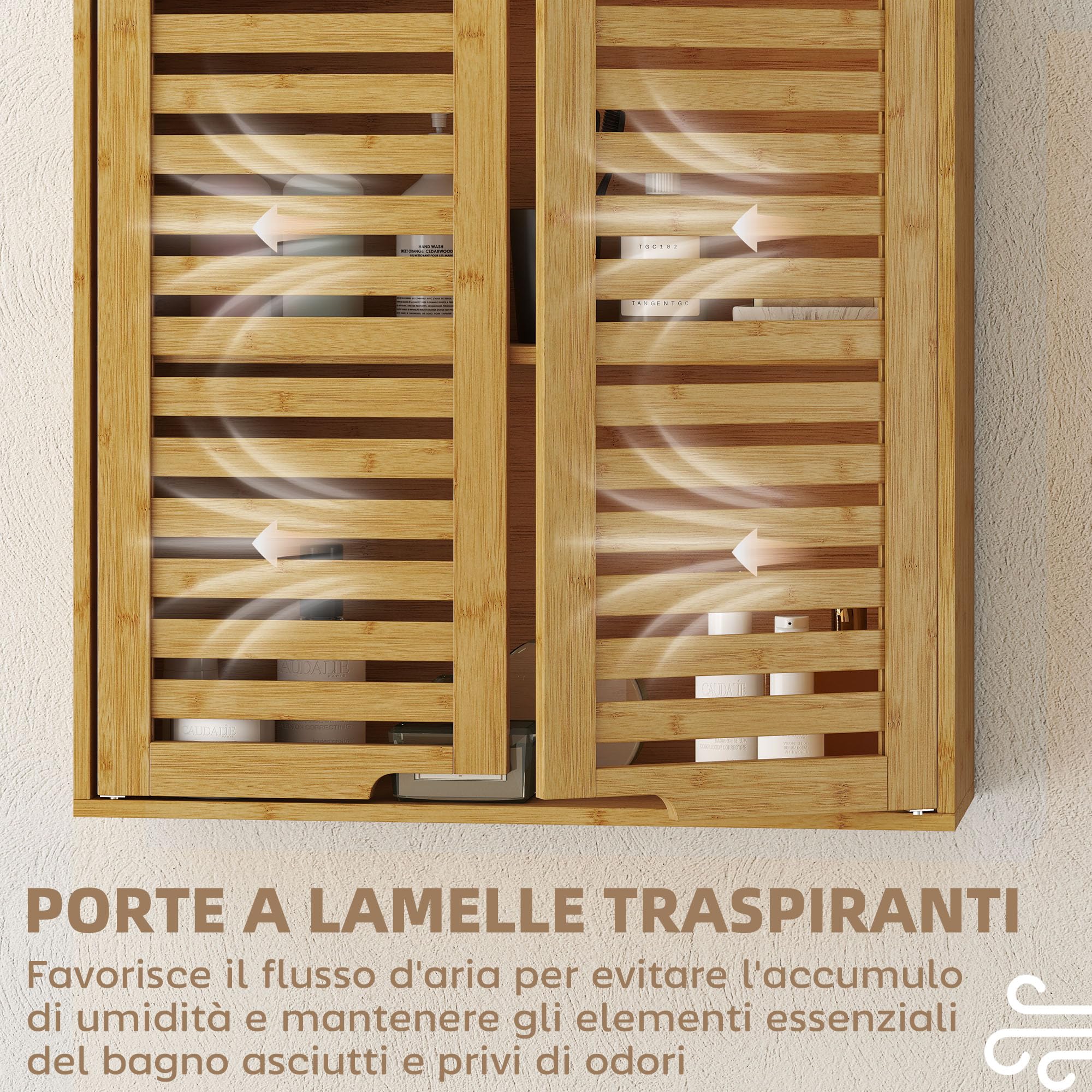 HOMCOM Pensile Bagno con Ante a Persiana in Bambù, Mobiletto Bagno Sospeso con Ripiano Interno Regolabile, 60x20x60 cm, Color Legno