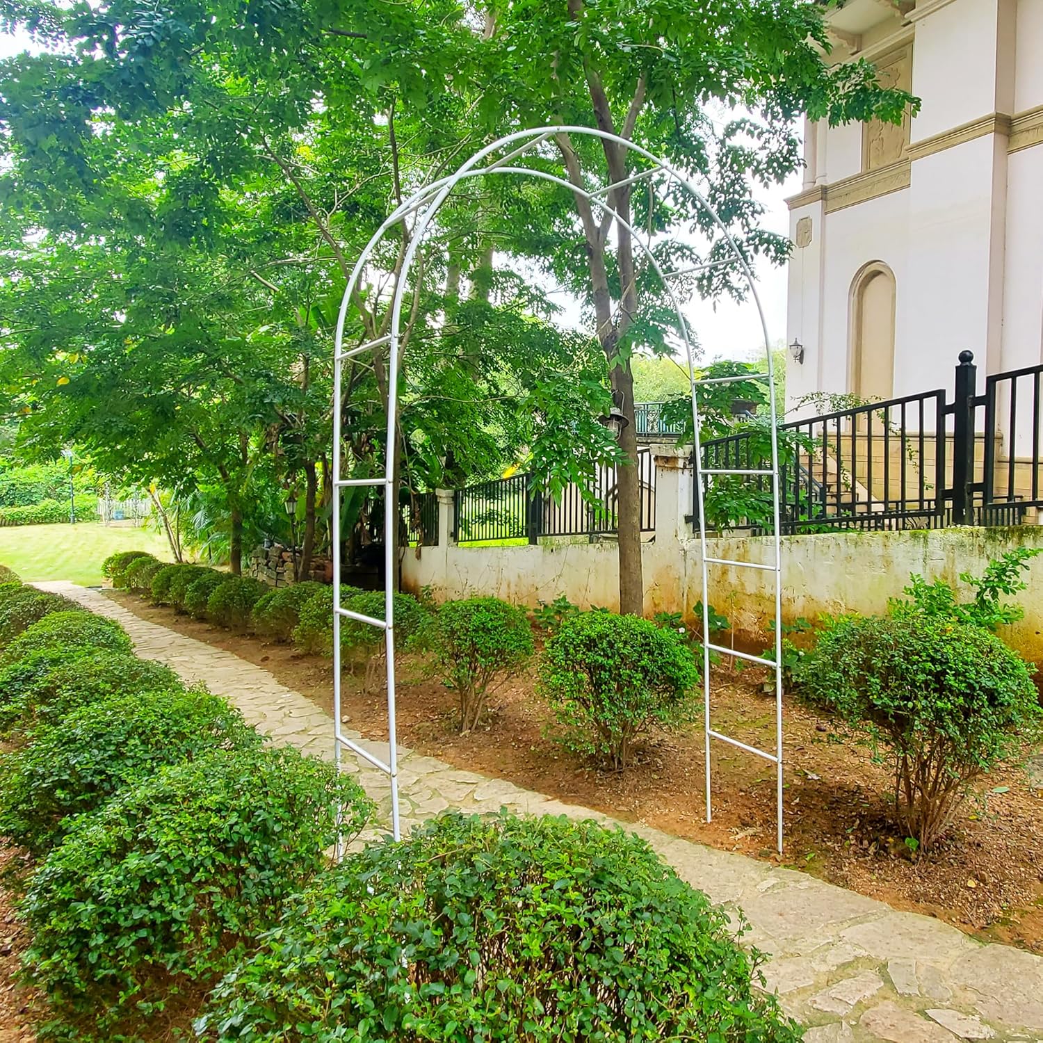 White Iron Pergola Arbor Practical, 7.9 Feet High x 4.6 Feet Wide, Assemble Easily for Various Climbing Plant Wedding Garden Arch Bridal Party Decoration Wide Arbor