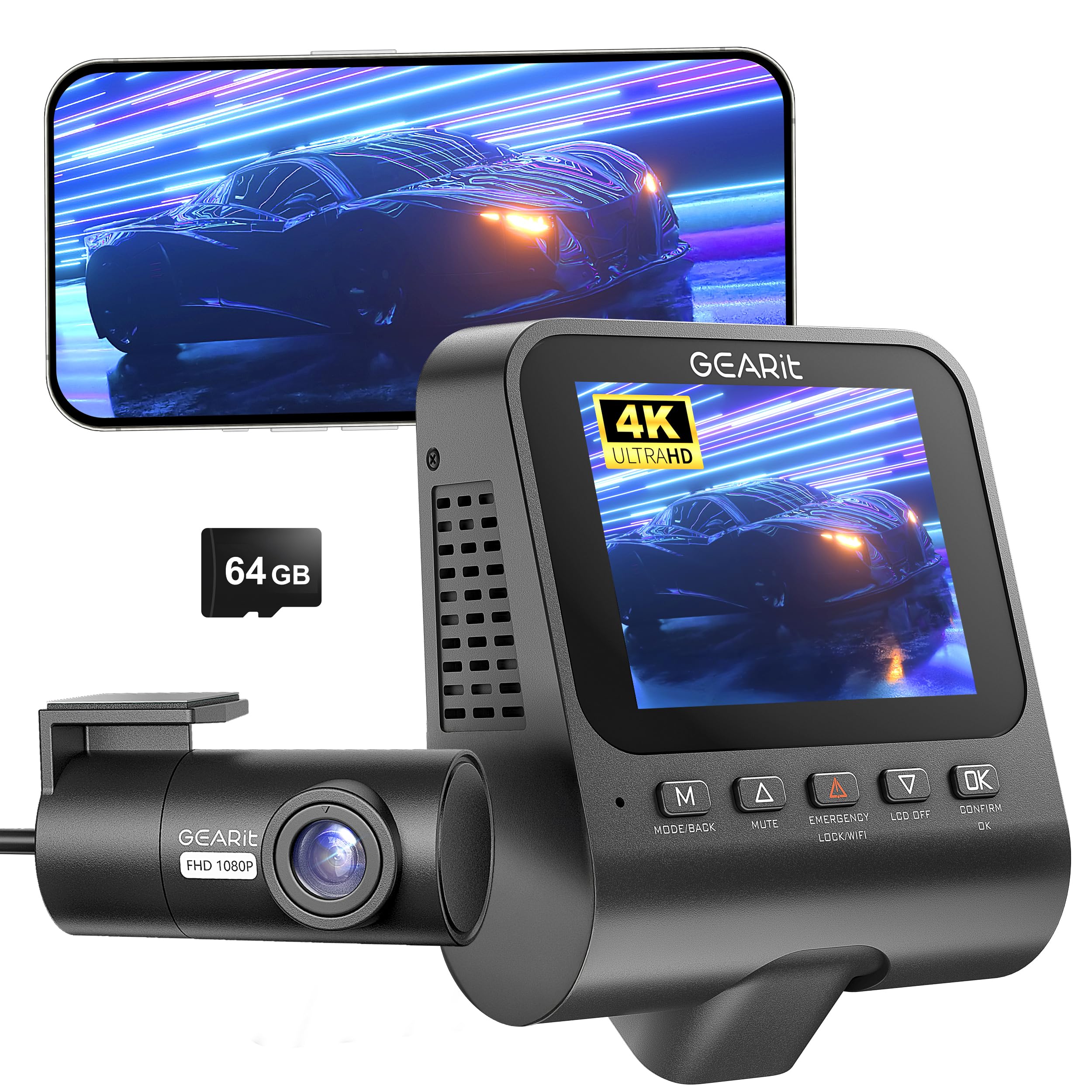 GEARit 4K Dash Cam Front and Rear