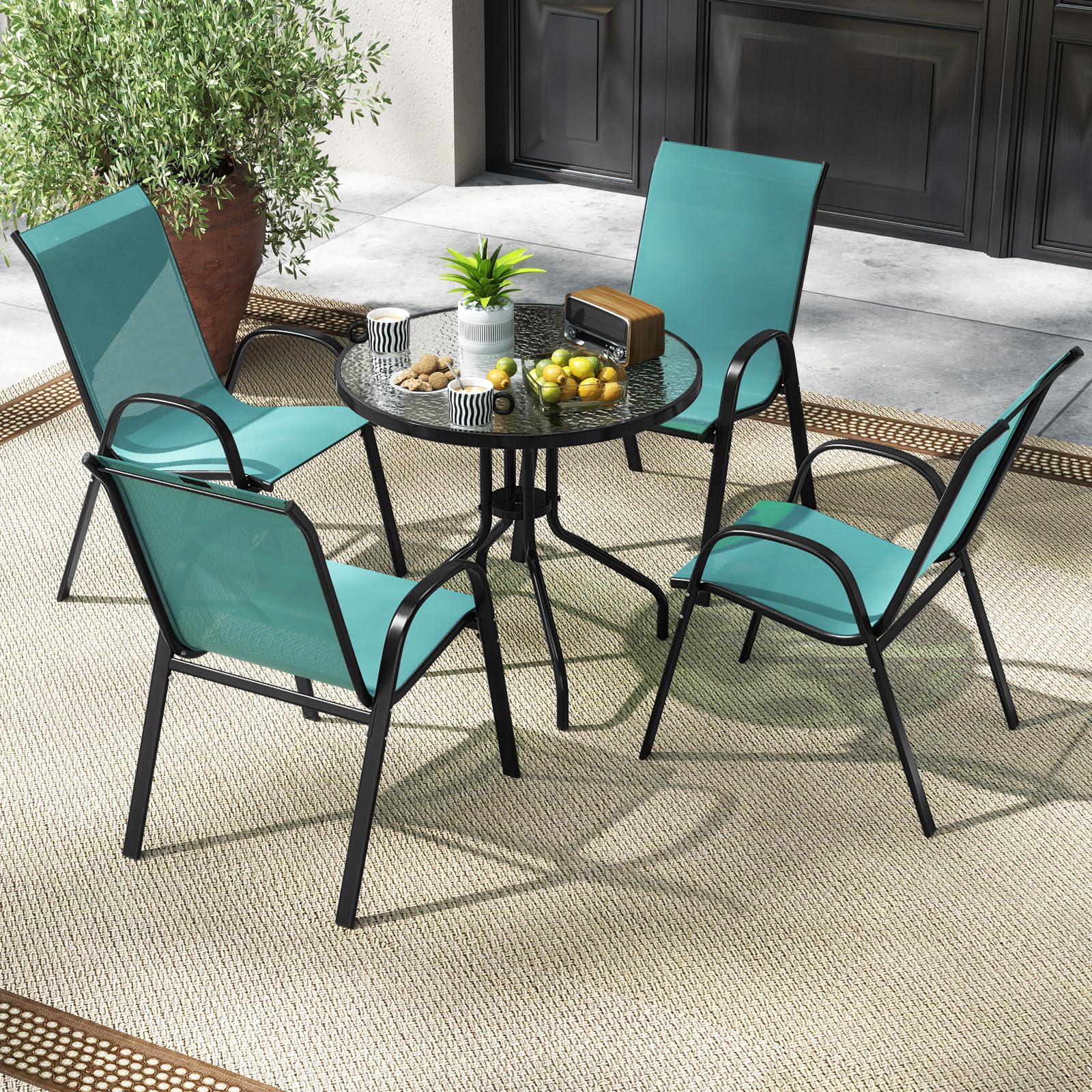 COSTWAY Patio Dining Chairs Set of 4, Stackable Outdoor Chairs with Armrest and High Back, Breathable Fabric & Metal Frame Chair for Garden Poolside Backyard Deck (Turquoise) - 2