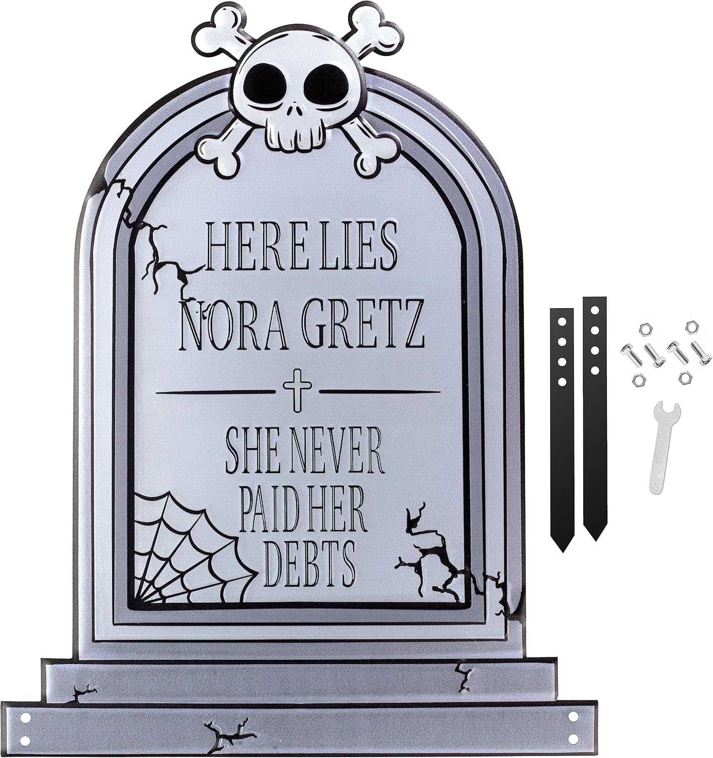 3-D Metal Halloween Ghost XL 17" Tombstone w Stakes - RIP Nora Gretz- Durable, Rustproof, UV Raised Printing- Upgrade Your Haunted House Mansion w Cemetery Lawn Decor- No More Flimsy Foam Graveyards