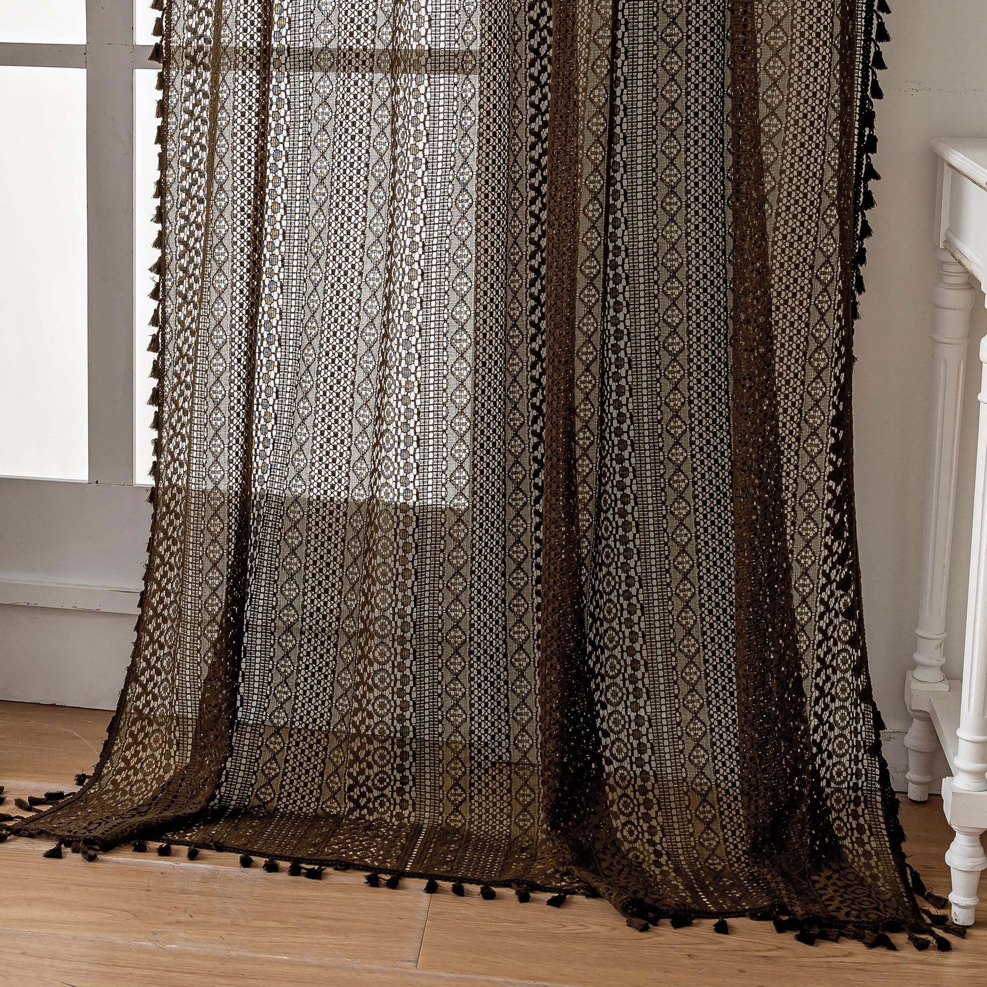 WAZZIO Cotton Sheer Brown Curtains 63 Inch Length 2 Panels Rod Pocket Tassel Boho Crochet Lace Curtains Light Blue Bedroom Living Room Curtains See Through Privacy Curtains for Boys Room