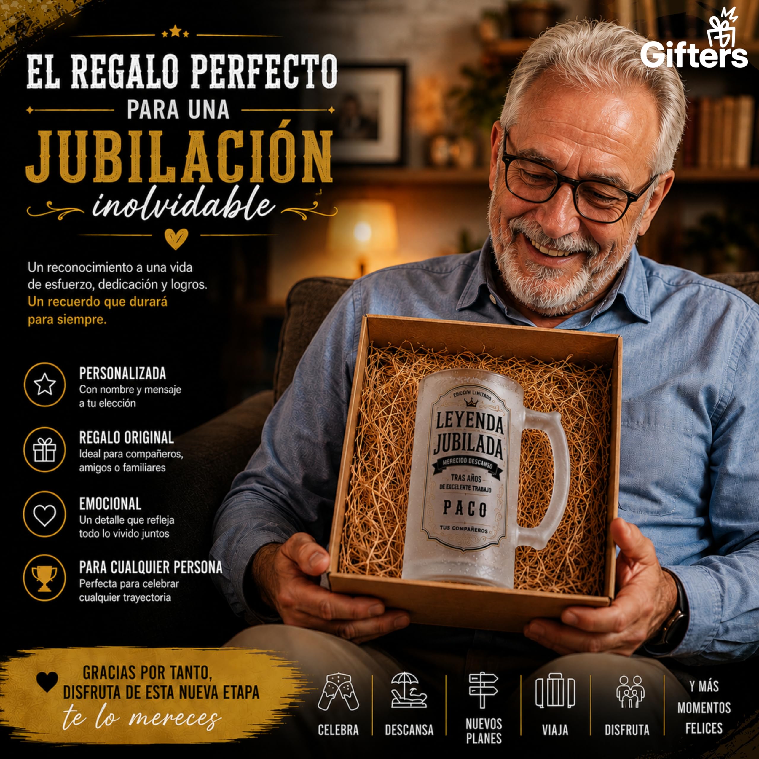 Gifters | Jarra de Cerveza Personalizada Jubilación con Nombre | Cristal Mate 500 ml | Diseño Vintage “Leyenda Jubilada” | Regalo Original para Jubilados, Compañeros de Trabajo, Oficina y Despedidas