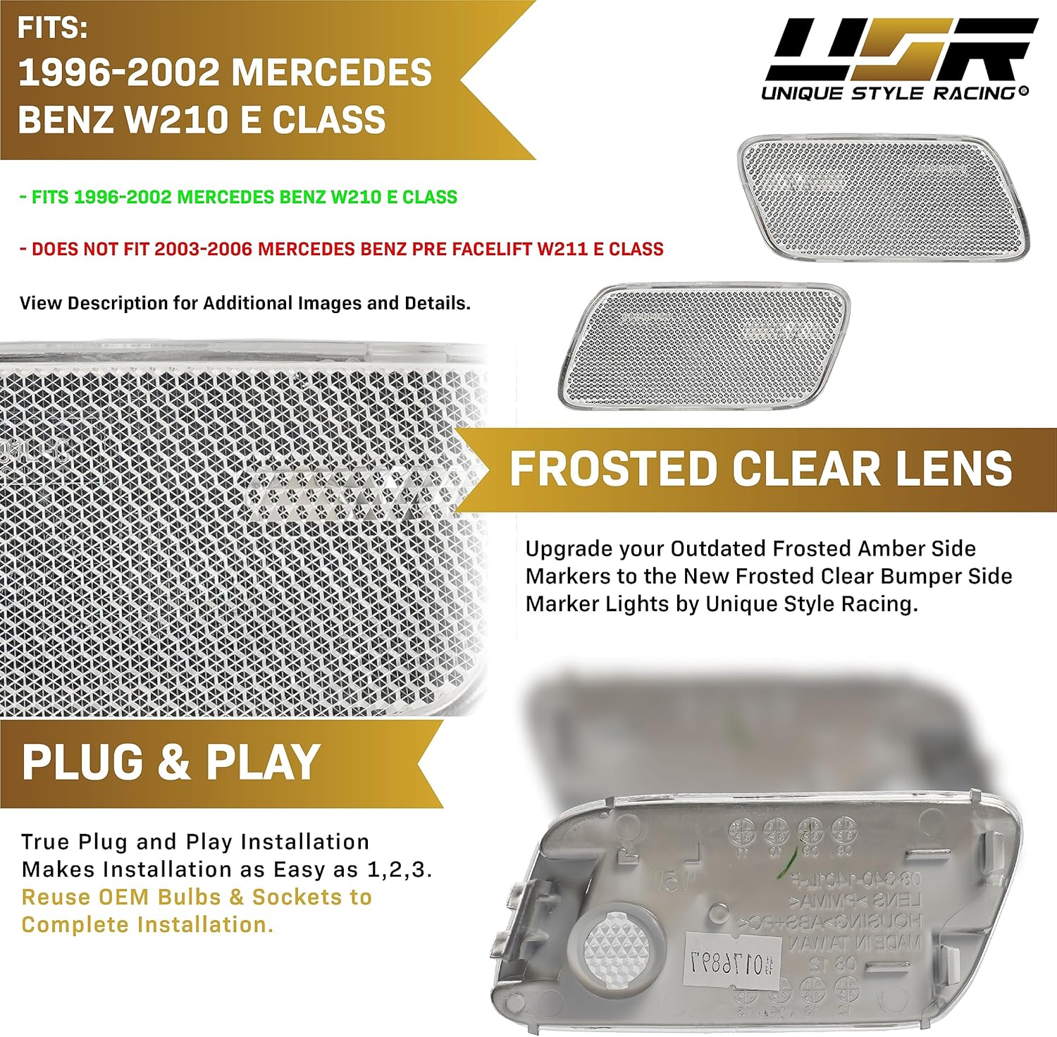 USR DEPO 96-02 W210 E-Class Clear Bumper Side Marker Light Assembly Set (Left + Right) Compatible with 1996-2002 Mercedes Benz W210 E Class