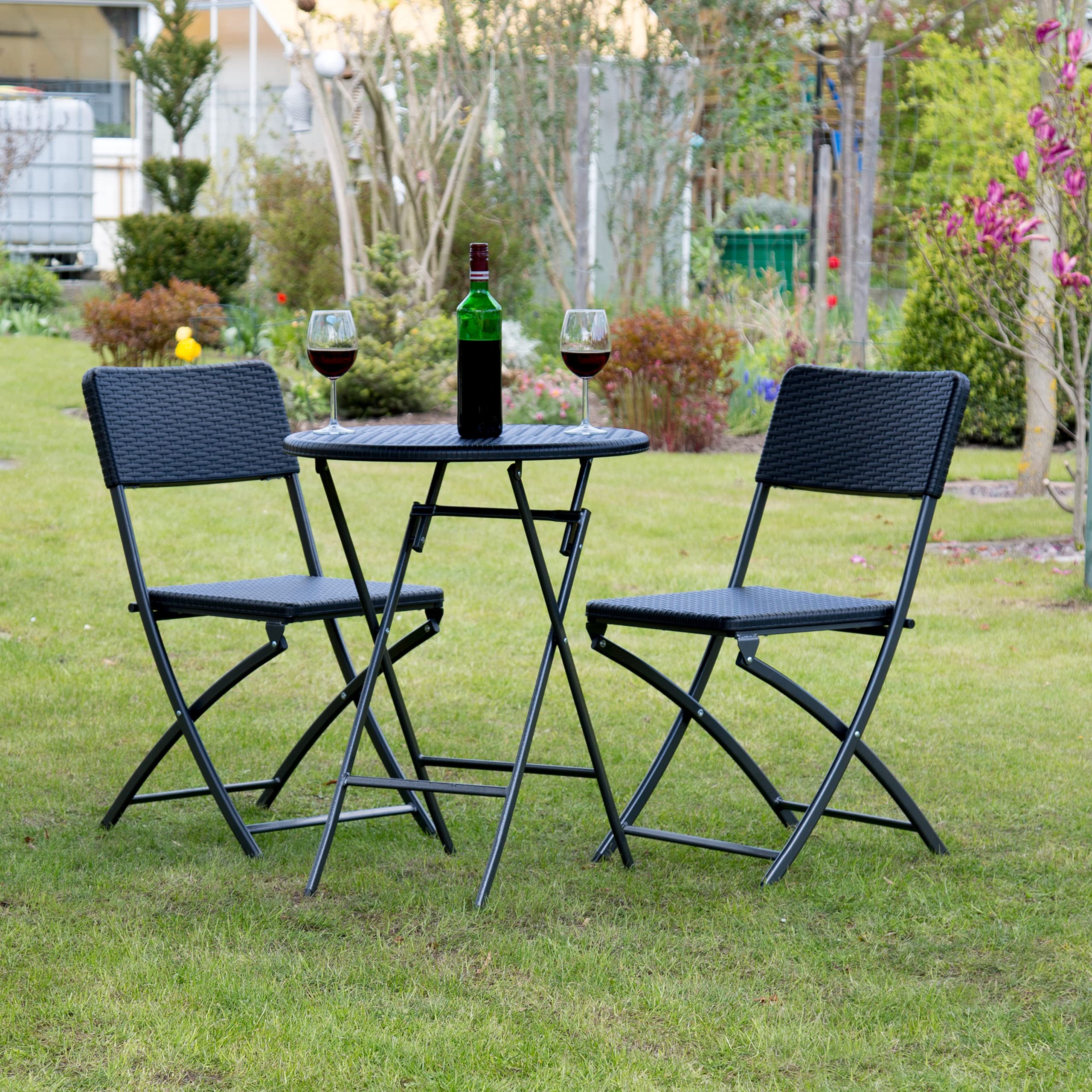 Relaxdays Set Mobili da Giardino BASTIAN, Tavolo e Sedie Campeggio, Pieghevoli, Rattan, HxLxP 75,5x60x60 cm, Nero