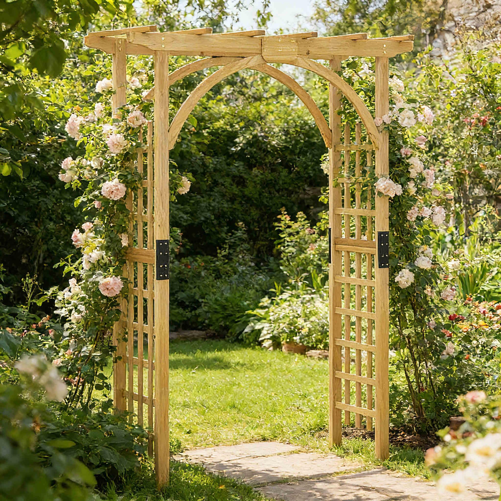 HOMASIS Arco da Giardino in Legno, Pergolato da Giardino per Piante Rampicanti, Arco Decorativo per Matrimoni, Feste e Cerimonie (Naturale, 160 x 60 x 217 cm)