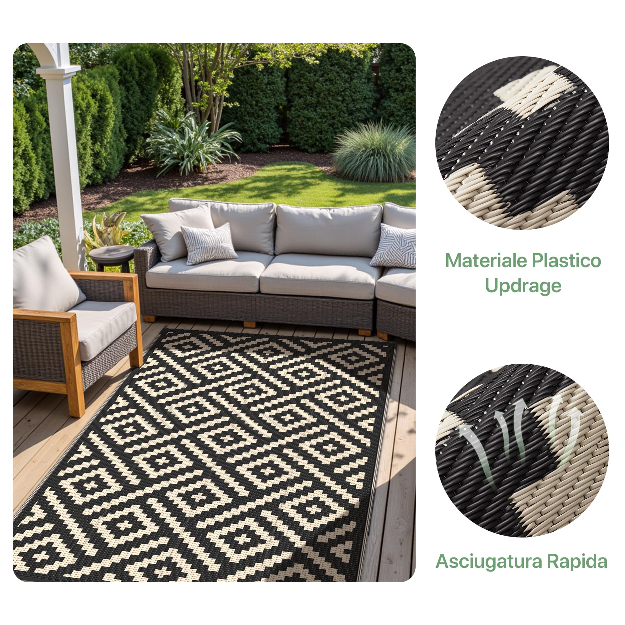 GENIMO Tappeto Esterno Impermeabile Reversibile Lavabile, Nero-Beige, 180x275cm