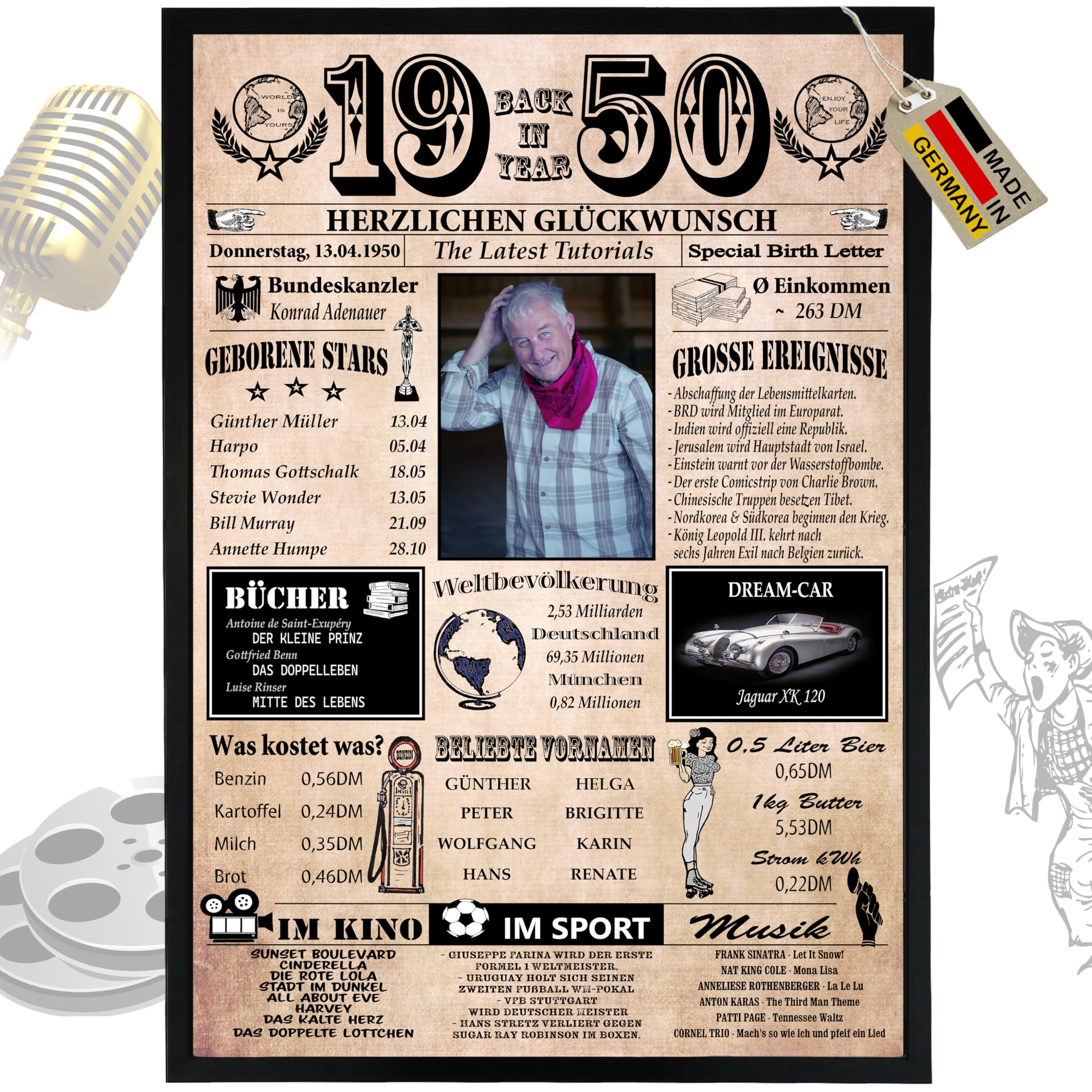 DUOMIO Zum 76. Geburtstag | 1950 – 6 Felder PERSONALISIERBAR! Back in Year 1950 – Jahreschronik – Geschenk zum 76. Geburtstag für Frauen & Männer – Ausdruck auf 400g/m² Premium Papier