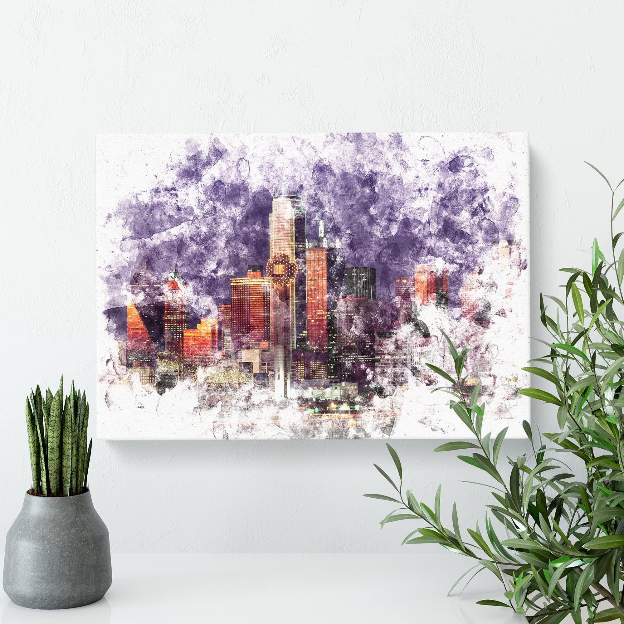 Dallas Texas Skyline At Dusk Watercolour Canvas Print, Mixed, 25L x 50W cm - Image 2