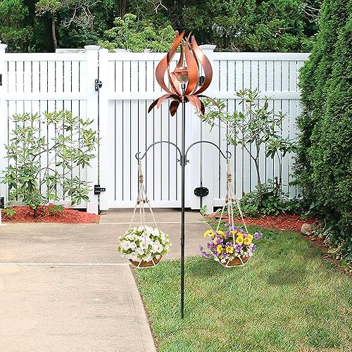 Miniatura 9 de Molino de viento para patio, decoración de metal al aire libre, gancho de pastor de veleta arco iris, cesta floral de coco, hilandero de viento de