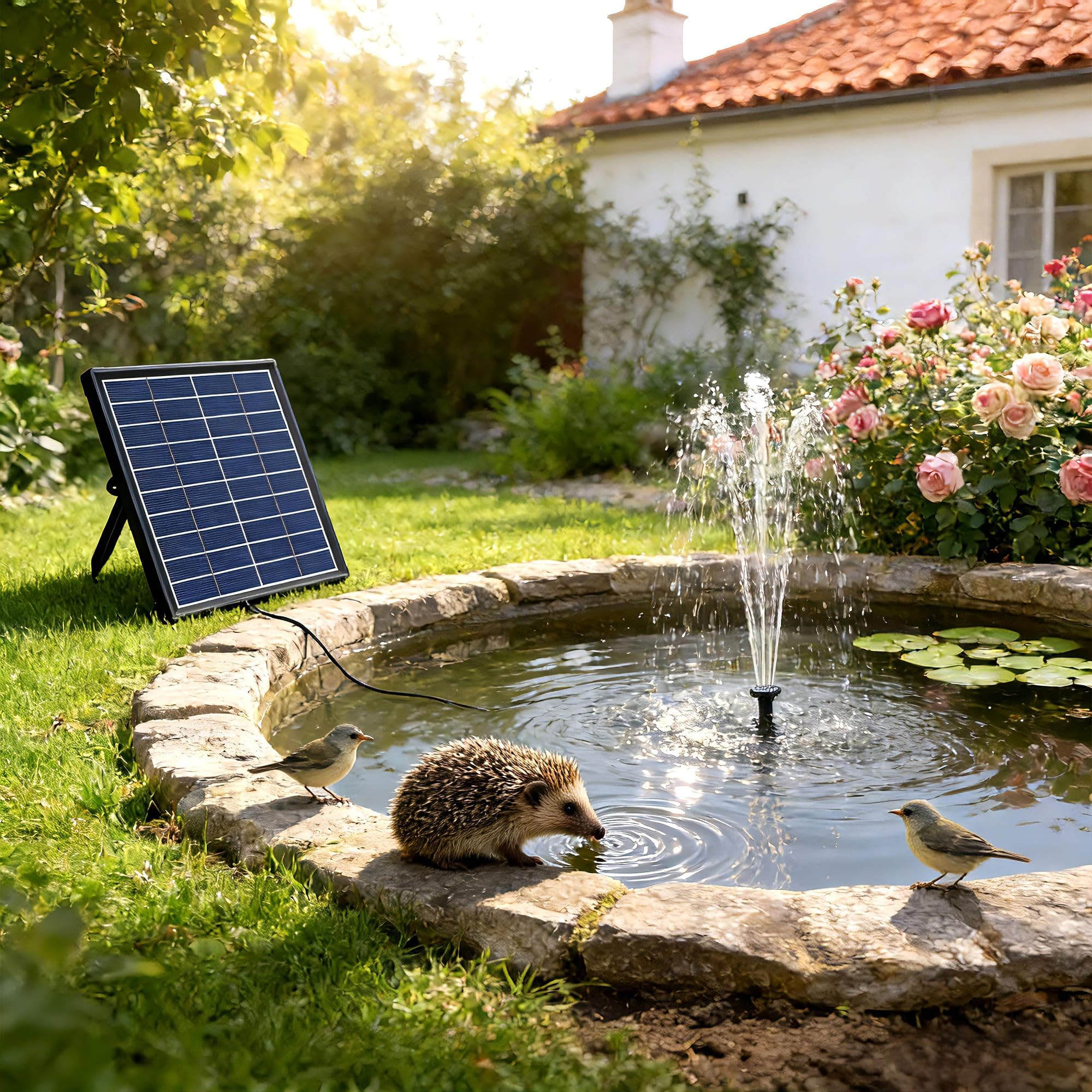 Biling Pompe à Eau Solaire 6W avec Batterie et 10 Buses pour Petit Étang jusqu'à 500L, Fontaine Solaire Extérieure
