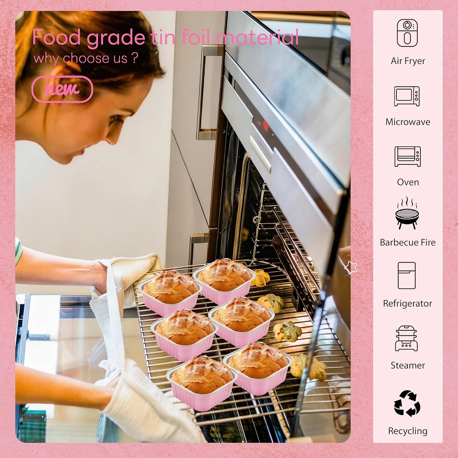 NPLUX 50 Pcs Mini Square Baking Cups with Lids and Spoons Aluminum Foil Mini Cake Pans with Lids Disposable Ramekins Cake Pans Dessert Cups for Wedding Mothers Day Party Favors(Pink,10oz)