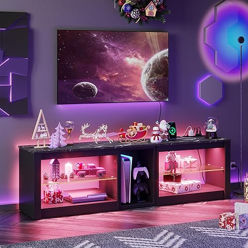 Bestier Soporte de TV para TV de 70 pulgadas con tomas de corriente, centro de entretenimiento LED para PS5, consolas de TV para juegos con estantes
