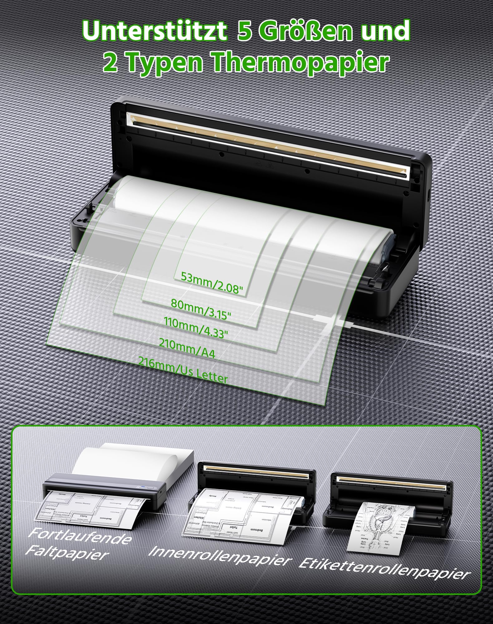 PB821 Thermodrucker A4, Bluetooth Mobiler Drucker A4 für Unterwegs, Büro, Schule, Zuhause, Kompatibel mit Smartphones und Computern, Tragbarer Drucker mit 3 Rollen Thermopapier, Schwarz