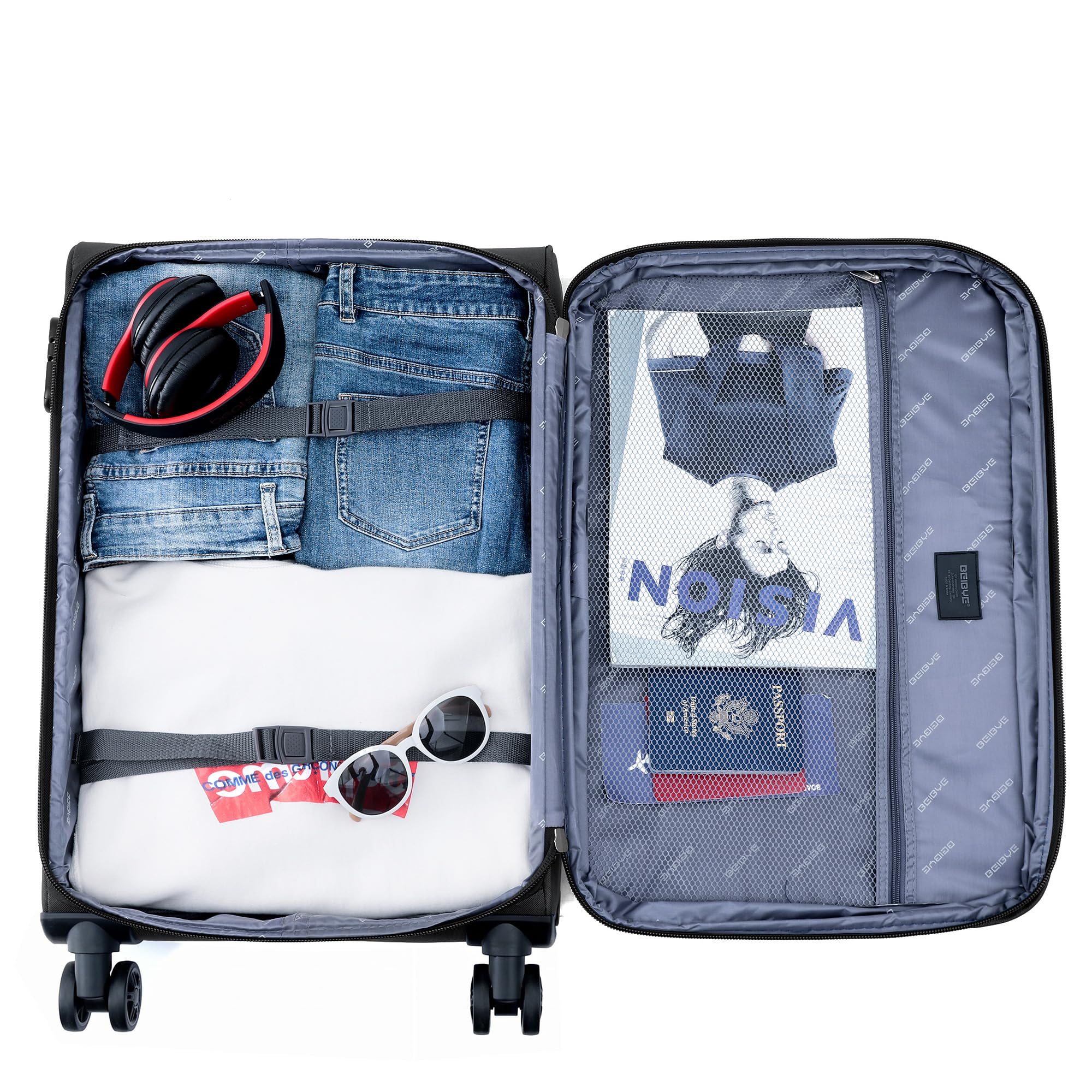 BEIBYE Kofferset Trolley Leichter Stoffkoffer mit Zahlenschloss Schwarz 64cm