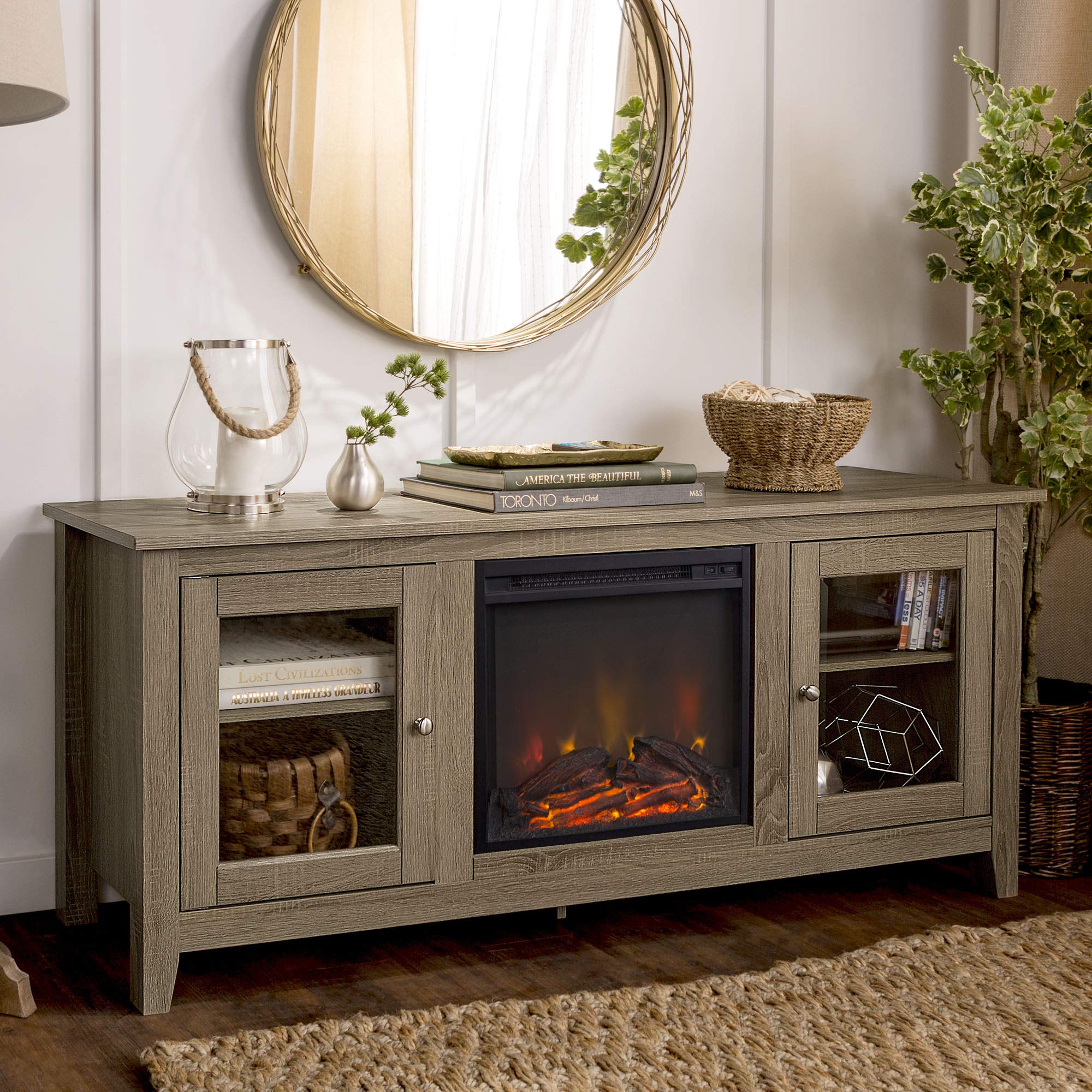 Amazon.com: Fireplace Tv Stand 58 Inch Wide with Glass Doors-Driftwood  Finish : Home u0026 Kitchen