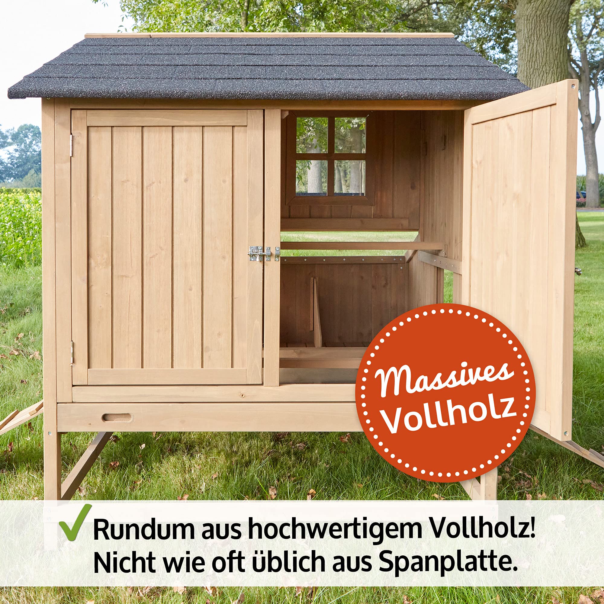 zooprinz Hühnerstall Braun – Vollholz Hühnervoliere mit Nistkasten | Hühnerstall aus massivem Vollholz mit Nistkasten – schnell zu reinigen, braun lasiert für Garten & Außengehege