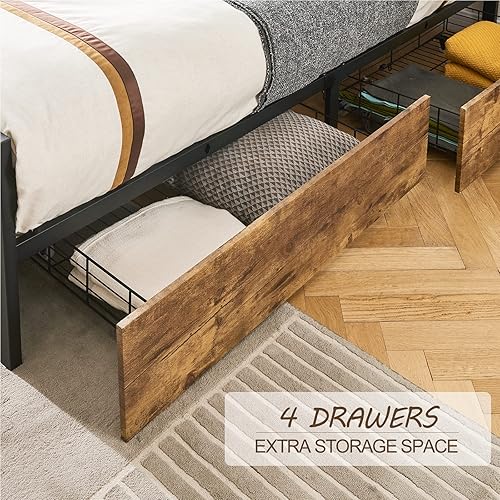 Miniatura 5 de Base de cama matrimonial resistente con 4 cajones, plataforma de almacenamiento de metal con cabecera de madera y espacio de almacenamiento, base de
