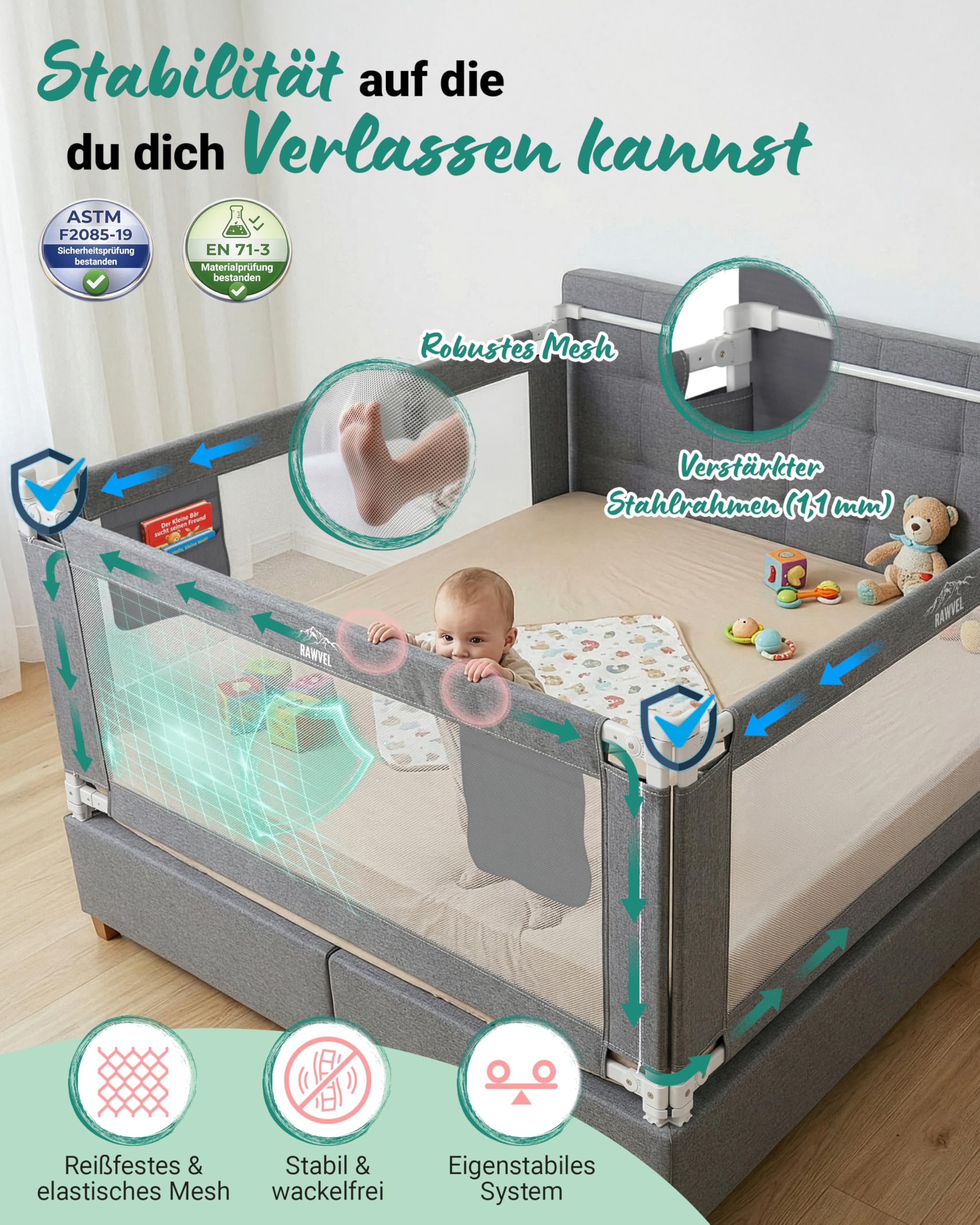 RAWVEL® Bettgitter Rausfallschutz Boxspringbett 200x200 cm 3 Seiten Komplett Set Stange