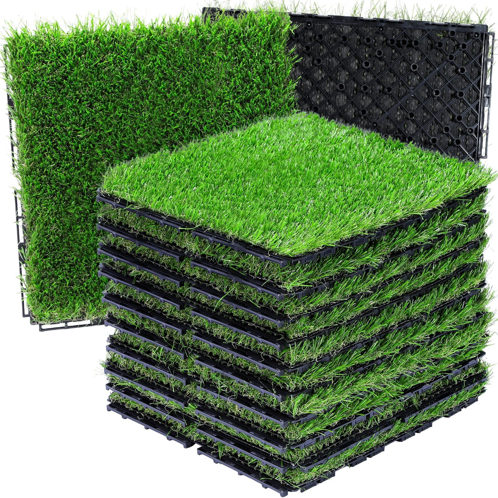 Artificial Grass Tiles Interlocking Turf Squares Deck 9 Pack -12"x12" Indoor Outdoor Faux Grass Rug with Drainage Holes-Fake Grass Tiles Self-draining for Garden Lawn Landscape Balcony Decoration