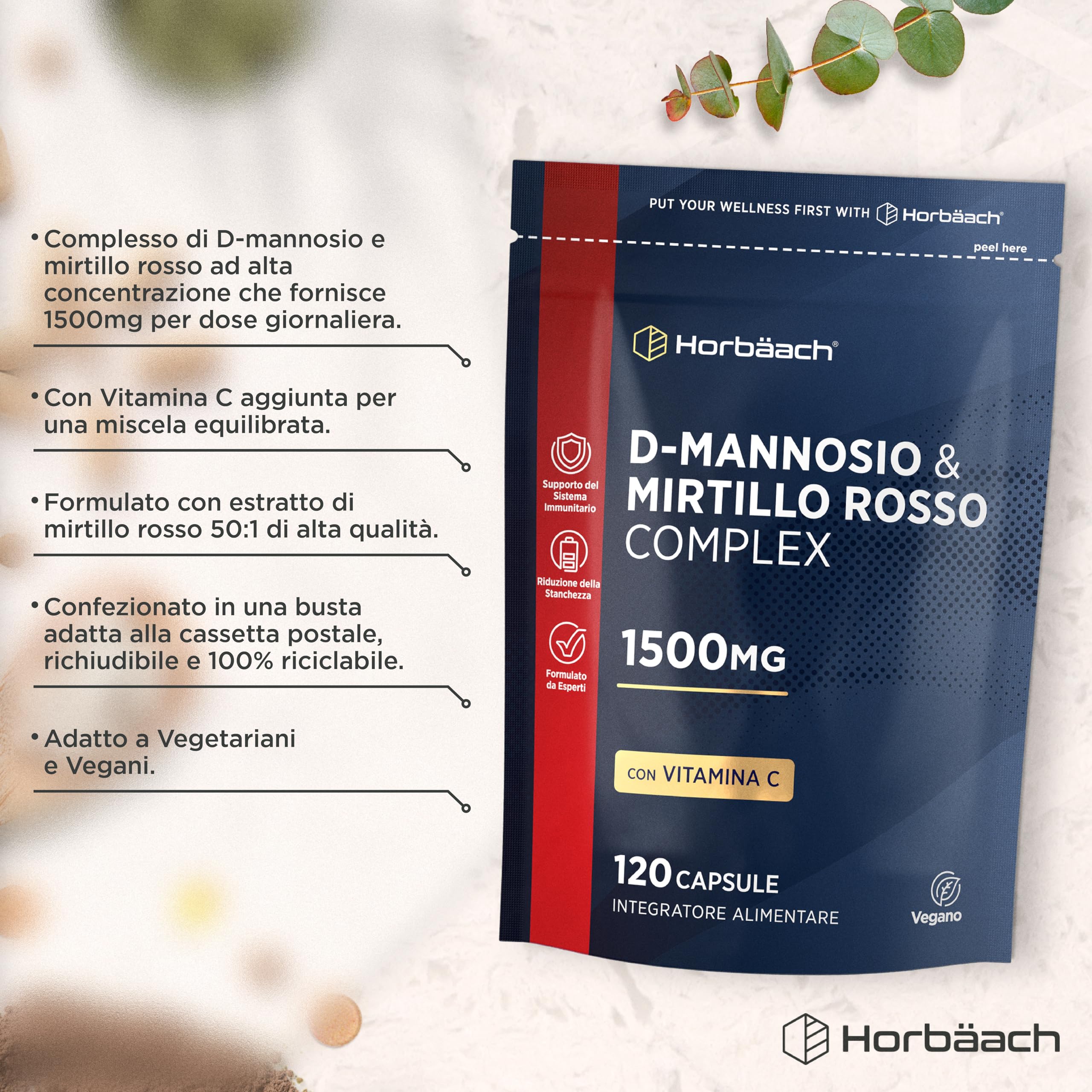 D Mannosio Cranberry 1500 mg | 120 Capsule Vegane | con Vitamina C | aiuta il Sistema Immunitario | di Horbaach