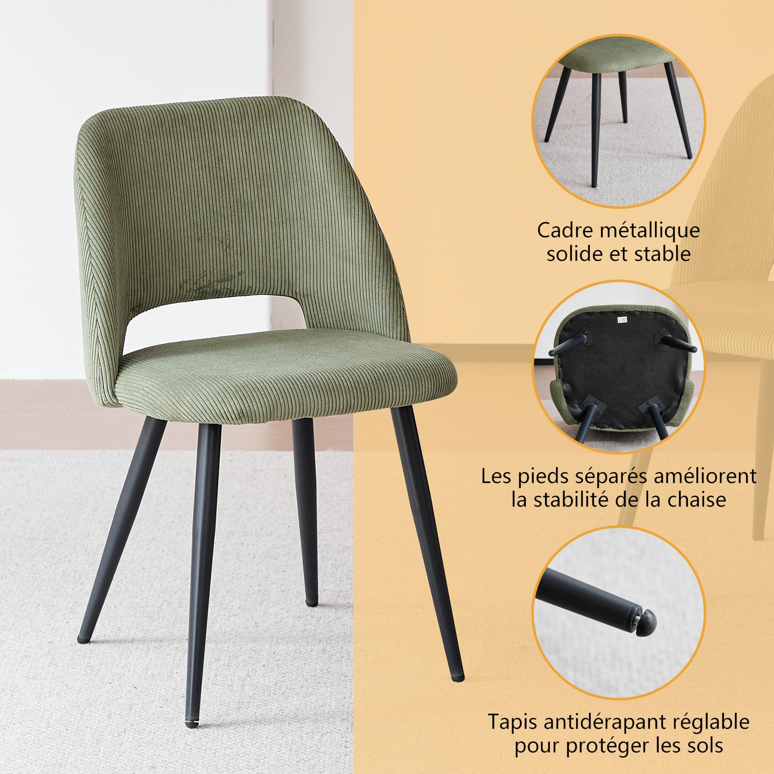 GrandCA HOME Lot de 4 Chaises de Salle à Manger Modernes, Dossier Creux en Velours Côtelé, Rembourrées, pour Salle à Manger, Cuisine, Salon et Chambre (Vert)