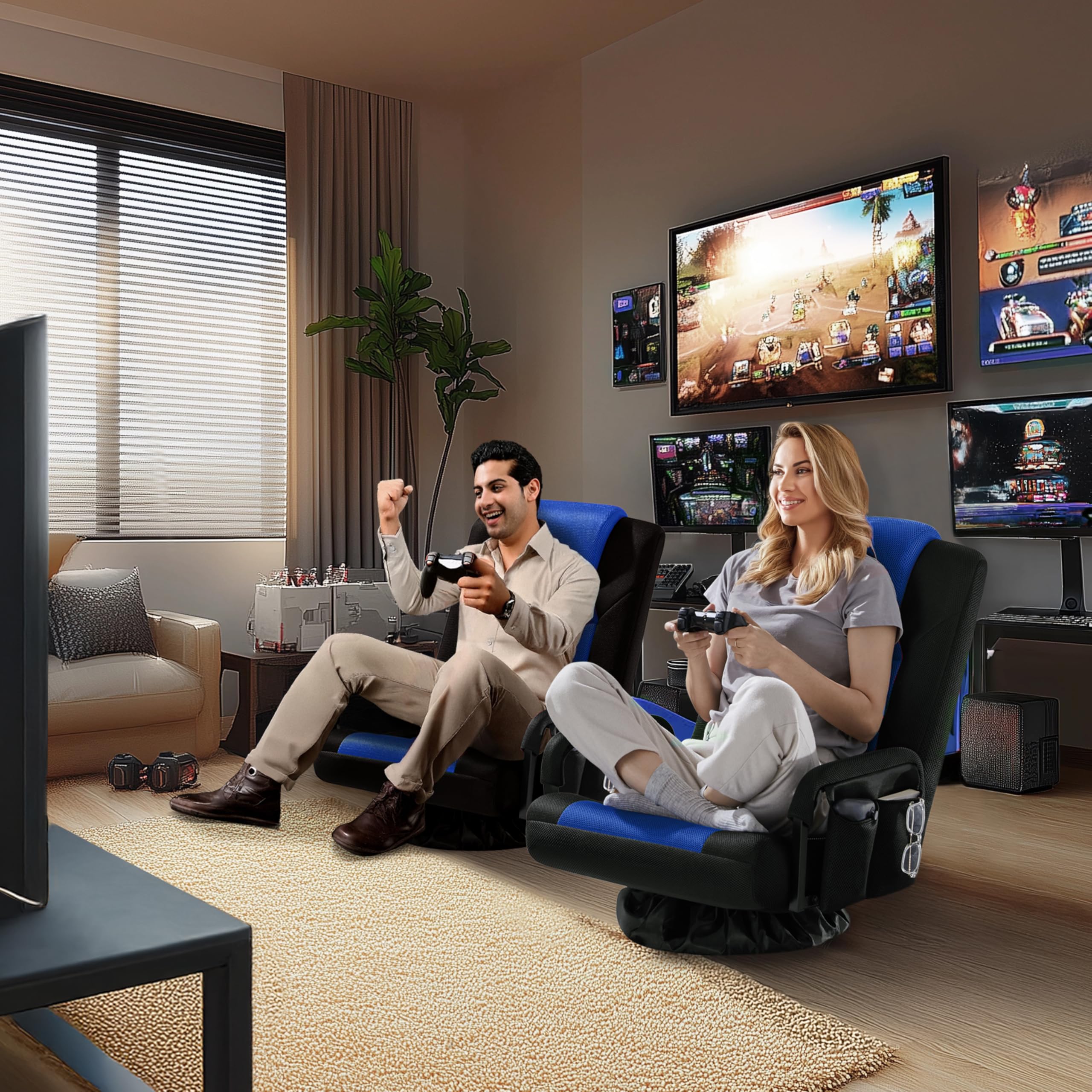 Yaheetech Bodenstuhl 360° Drehbar, Bodensessel 6-stufig Verstellbar, Klappbarer Boden Gaming Stuhl mit Armlehne & Praktischer Tasche, Bodensofa für Wohnzimmer/Schlafzimmer/Büro, Schwarz & Blau