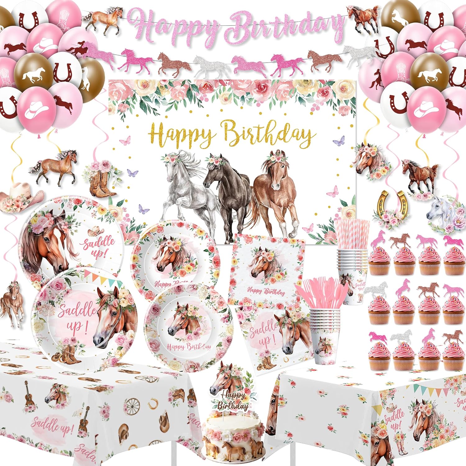 Srua Don Horse Birthday Party Supplies Girl, Pink Western Cowgirl Horse Party Decorations for Birthday Baby Shower, Plate, Cup, Napkin, Backdrop, Topper, Tablecloth, Balloons, Swirls, Banner, Serve 24