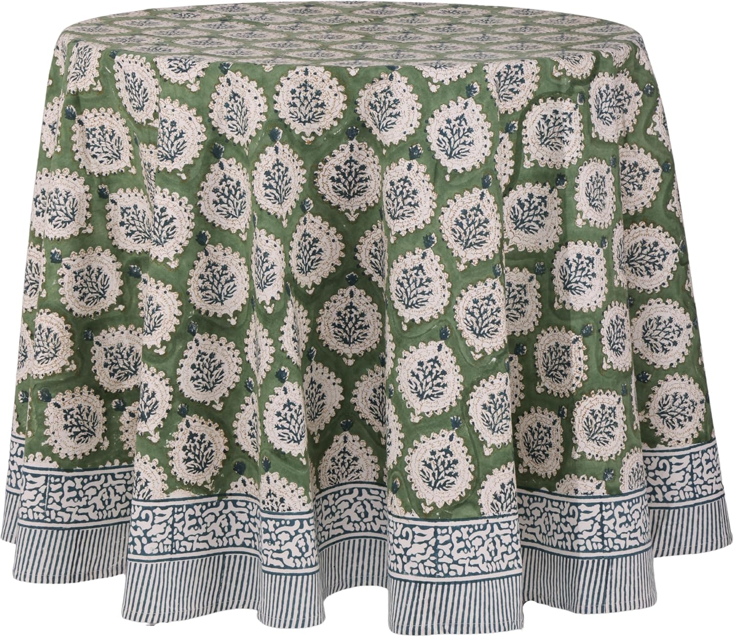 ATOSII Kari Green 100% Cotton Round Boho Spring Summer Tablecloth, Block Print Floral Table Cloth Linen for Dining, Parties, Weddings, OutdoorsI Home Table Decor 90" Inches Round
