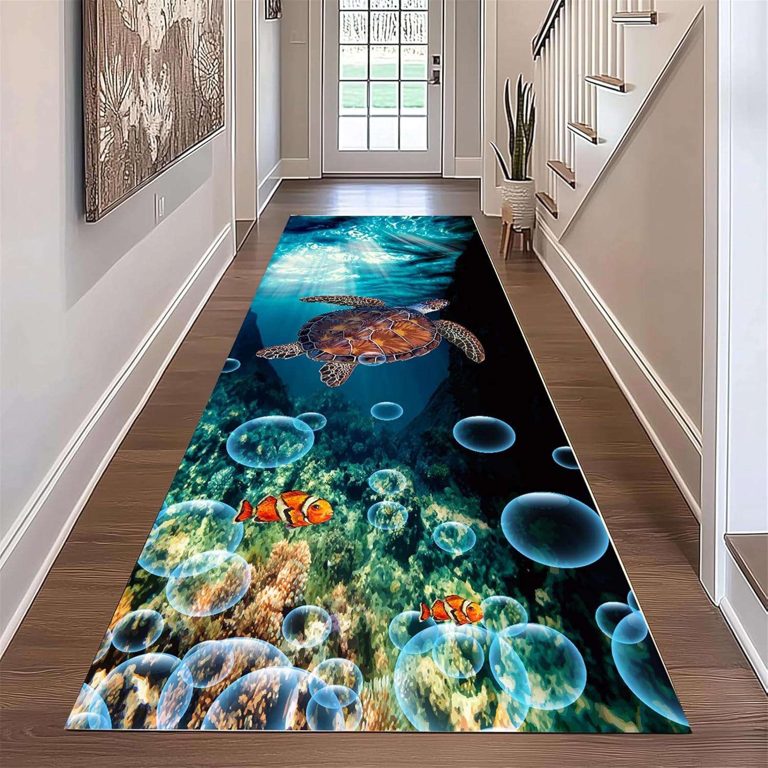 Coastal Ocean Runner Rug，2x3ft 3D Coral Reef Fish Printed Non-Slip Carpet ，Kids Play Mat for Hallway, Nursery, Living Room，Machine Washable Marine Theme Floor Decor