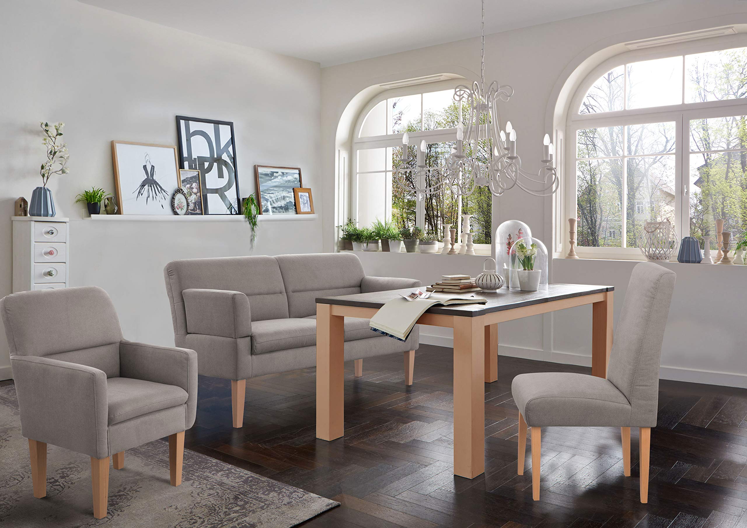 CAVADORE 2,5-Sitzer Küchensofa Kira / Sitzbank für Küche, Esszimmer oder Wohnküche inkl. Armteilverstellung / Leichte Fleckenentfernung dank Soft Clean / 168 x 94 x 81 / Flachgewebe: Hellgrau