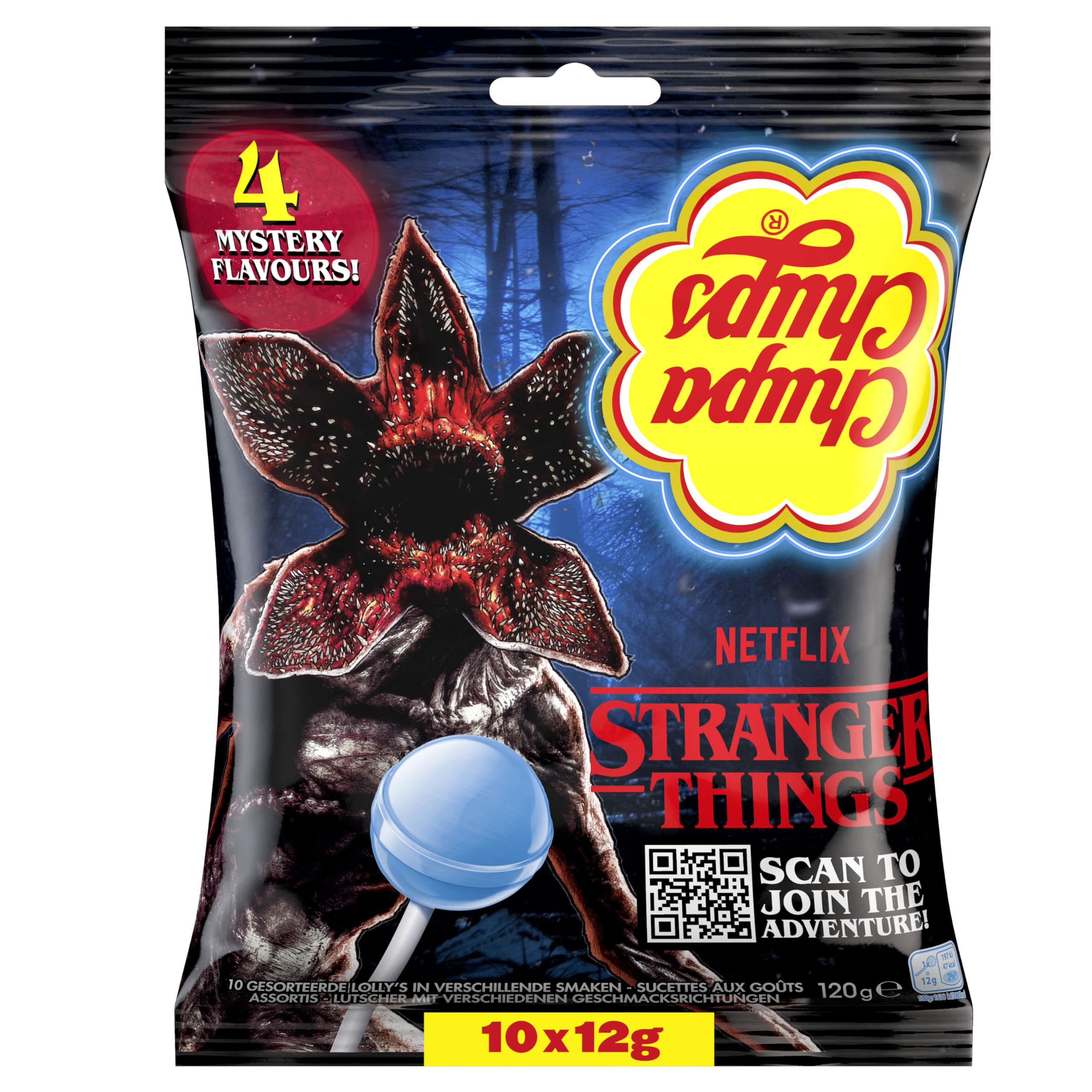 Chupa Chups Stranger Things The Upside Down Lutscher, 10 Lollies im Beutel in 4 Sorten, limitierte Edition, als Geschenk oder für Partys, 10 x 12g