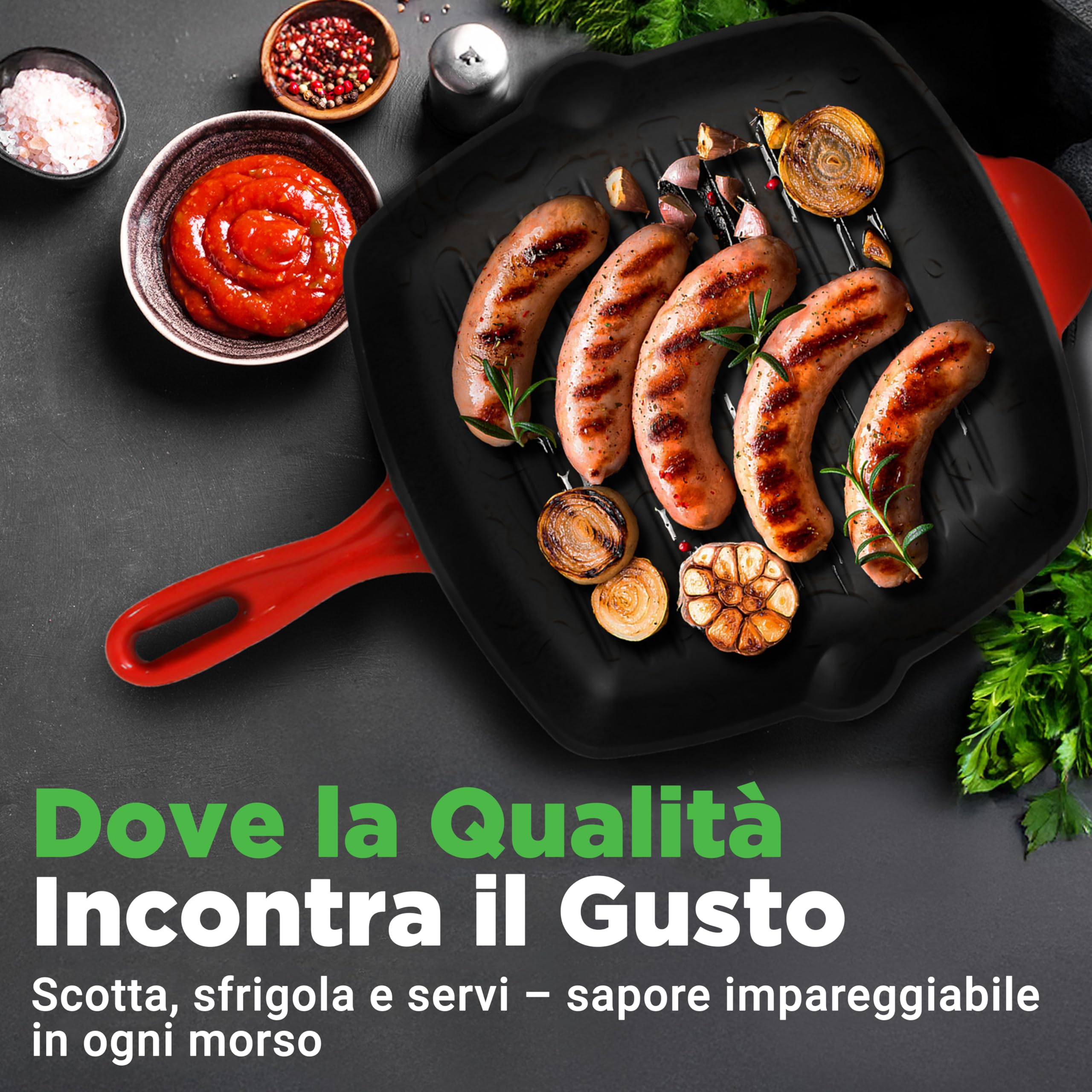 NutriChef Bistecchiera Antiaderente in Ghisa Smaltata da 28 cm, Padella Quadrata con Beccuccio, Compatibile con Tutti i Piani Cottura, Segni di Grigliatura