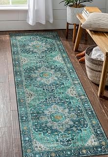 Moynesa Ultra-Thin Washable Teal Non Slip Bathroom Rug - 2x6 Laundry Room Mat, Machine Washable Non-Slip Pet Friendly Carpet Runner for Camper RV Foyer Kitchen Hallway
