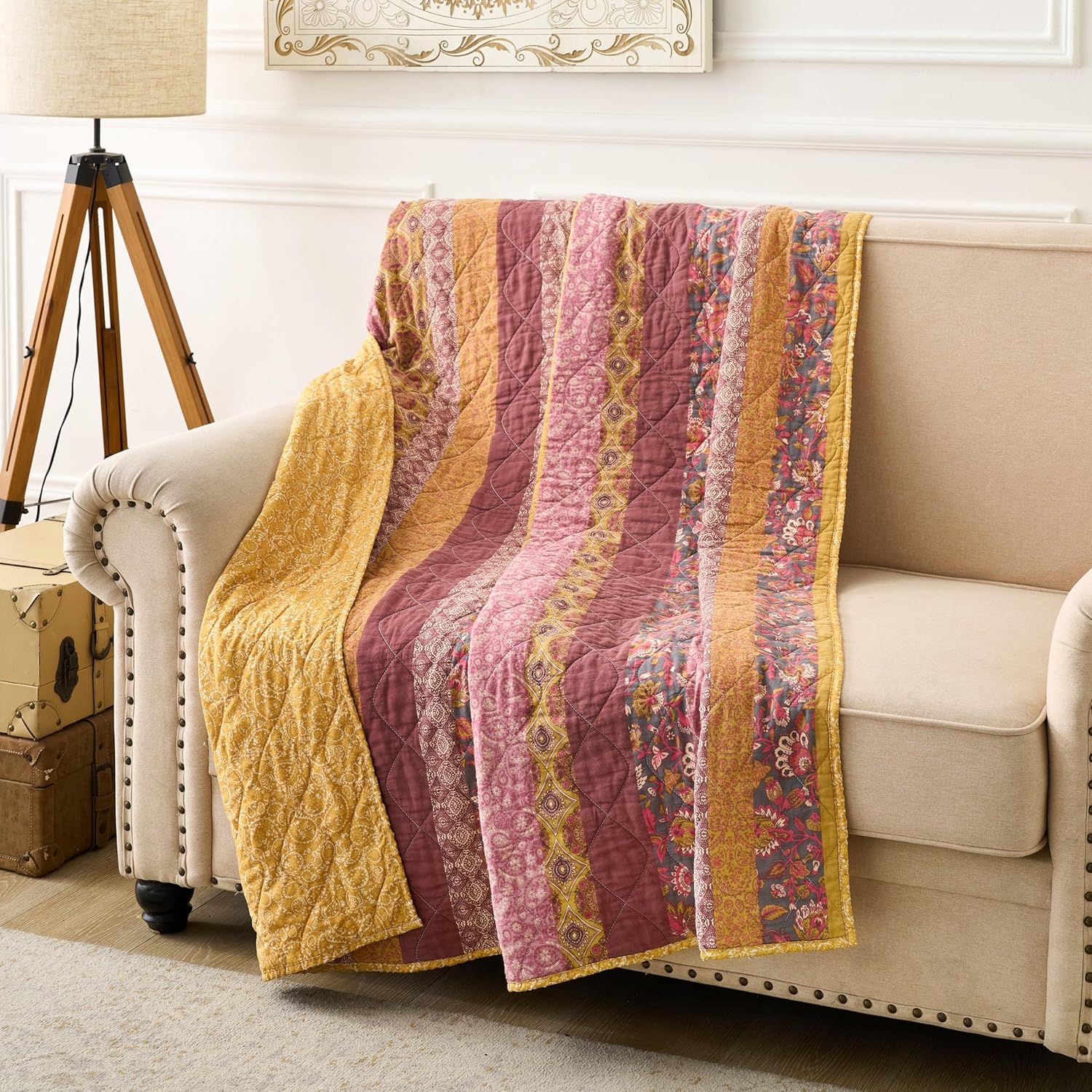 Greenland Home Fashions Marigold Vintage Boho Quilted Throw Blanket, 50 x 60, Sunset